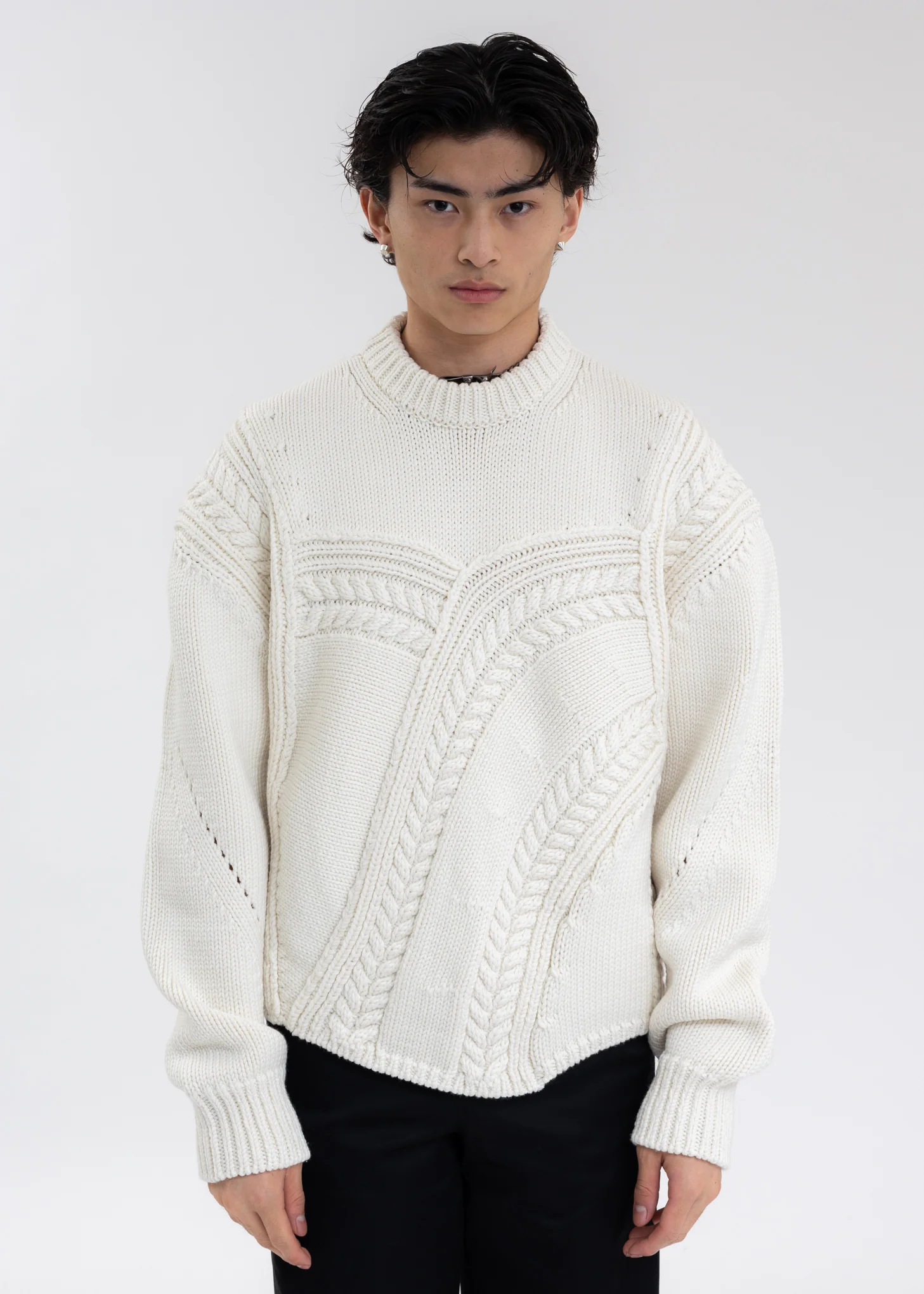 IVORY CABLE DETAIL MERINO WOOL KNIT SWEATER