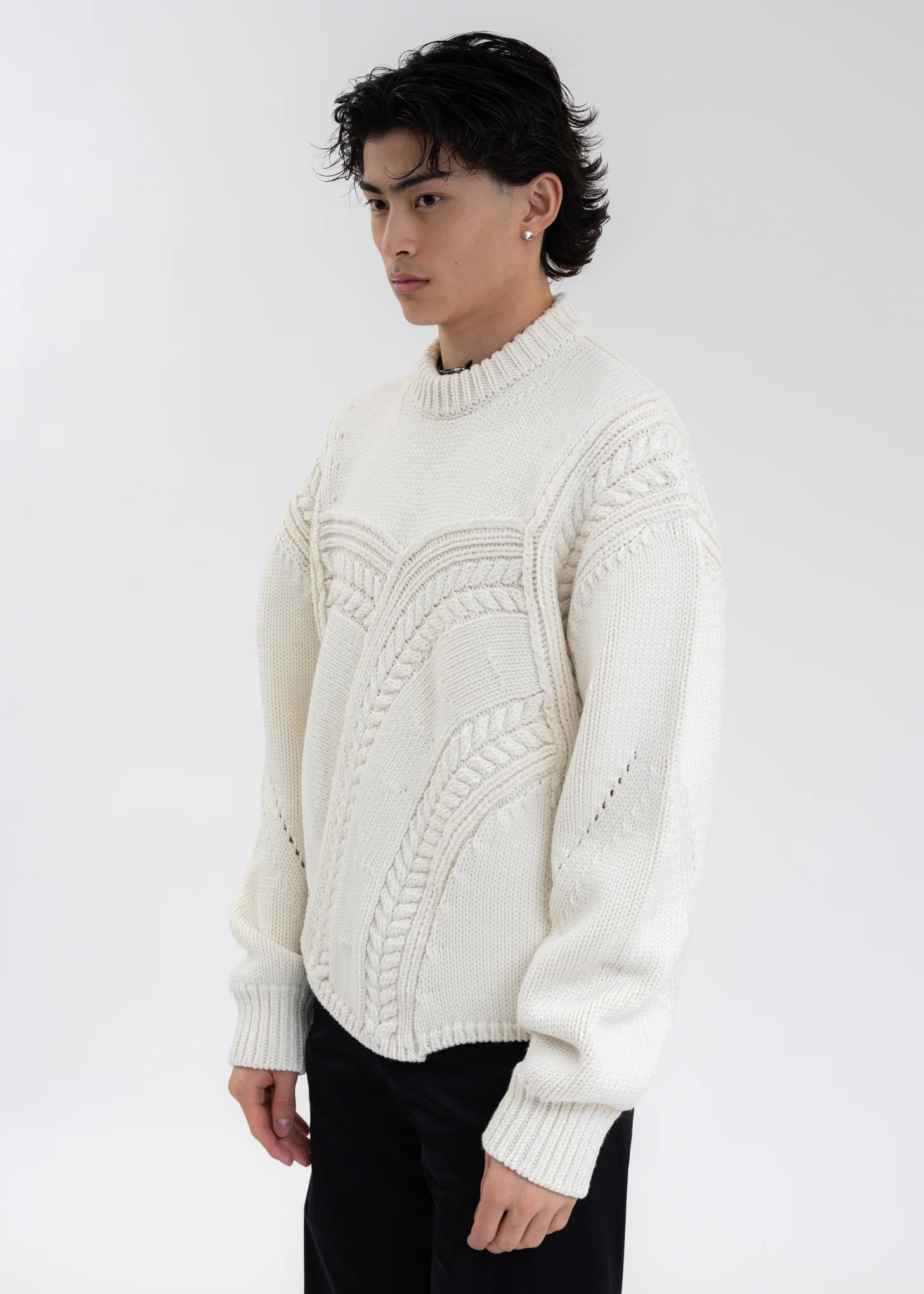 IVORY CABLE DETAIL MERINO WOOL KNIT SWEATER - Image 2