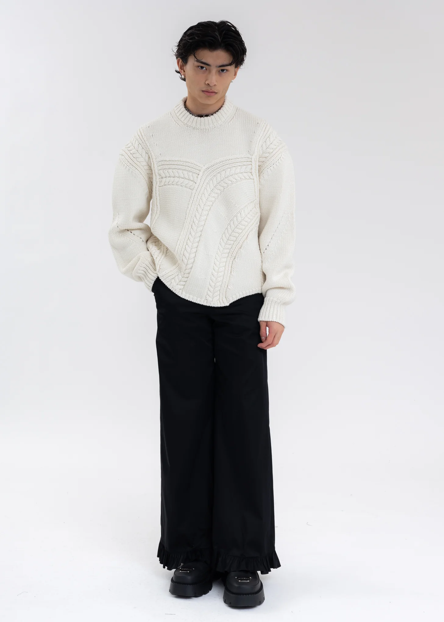 IVORY CABLE DETAIL MERINO WOOL KNIT SWEATER - Image 5