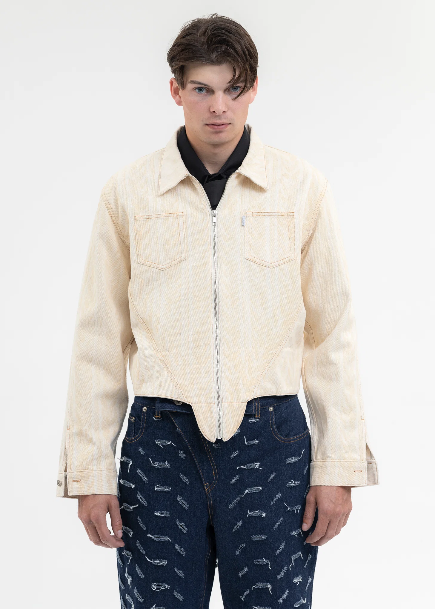 IVORY LASER-WASHED CORSET KNIT DENIM SHIRTS