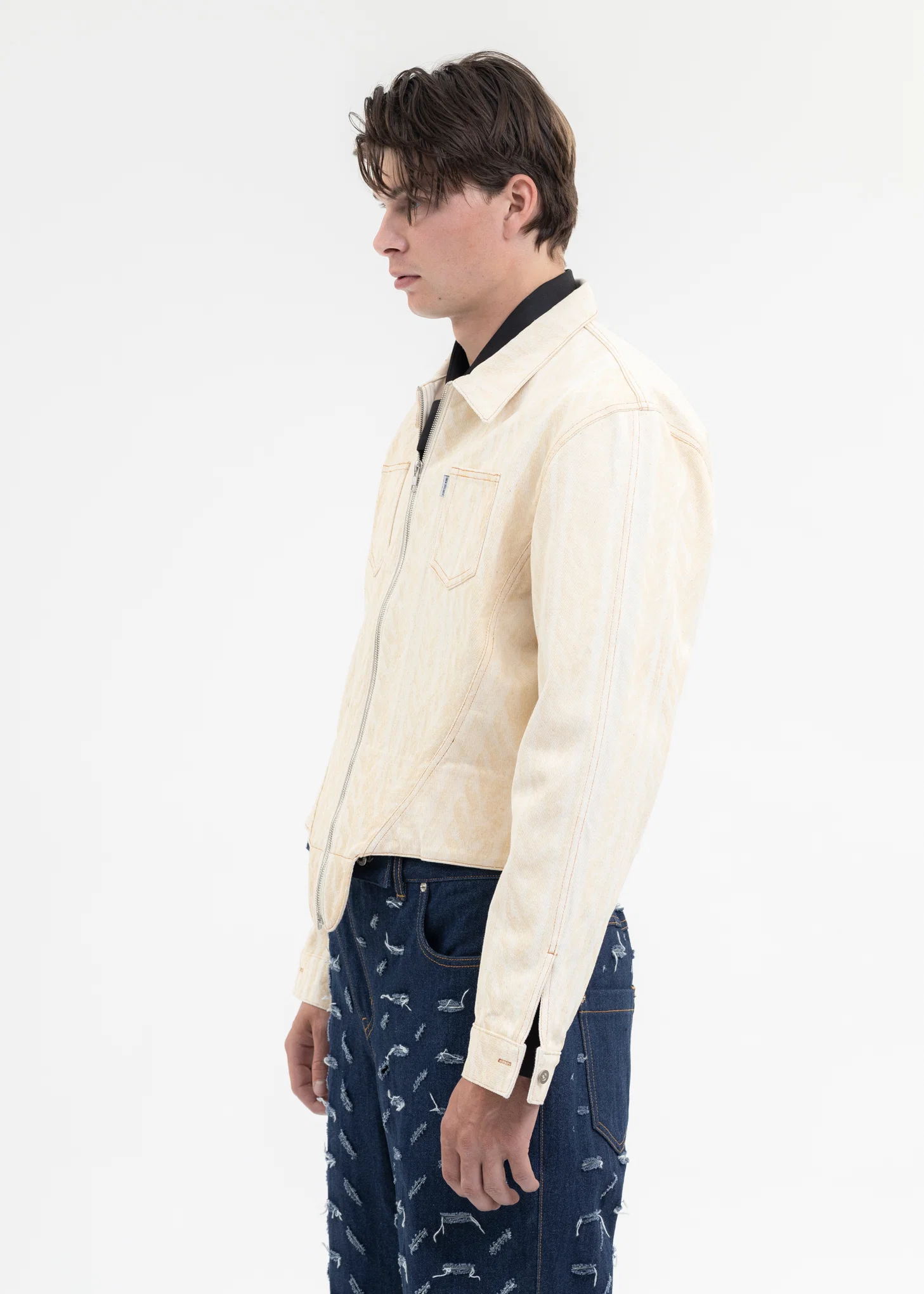 IVORY LASER-WASHED CORSET KNIT DENIM SHIRTS - Image 3