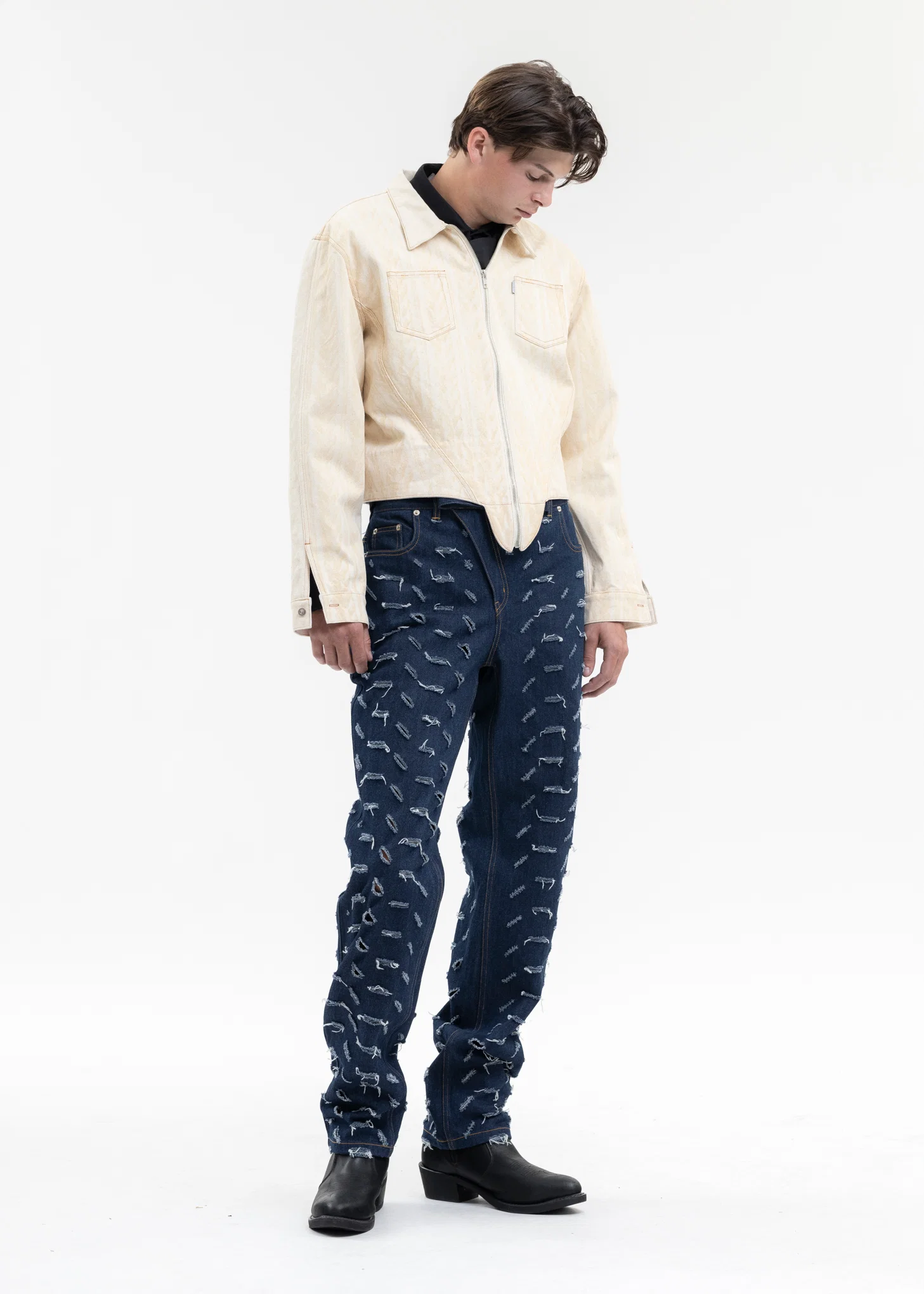IVORY LASER-WASHED CORSET KNIT DENIM SHIRTS - Image 5