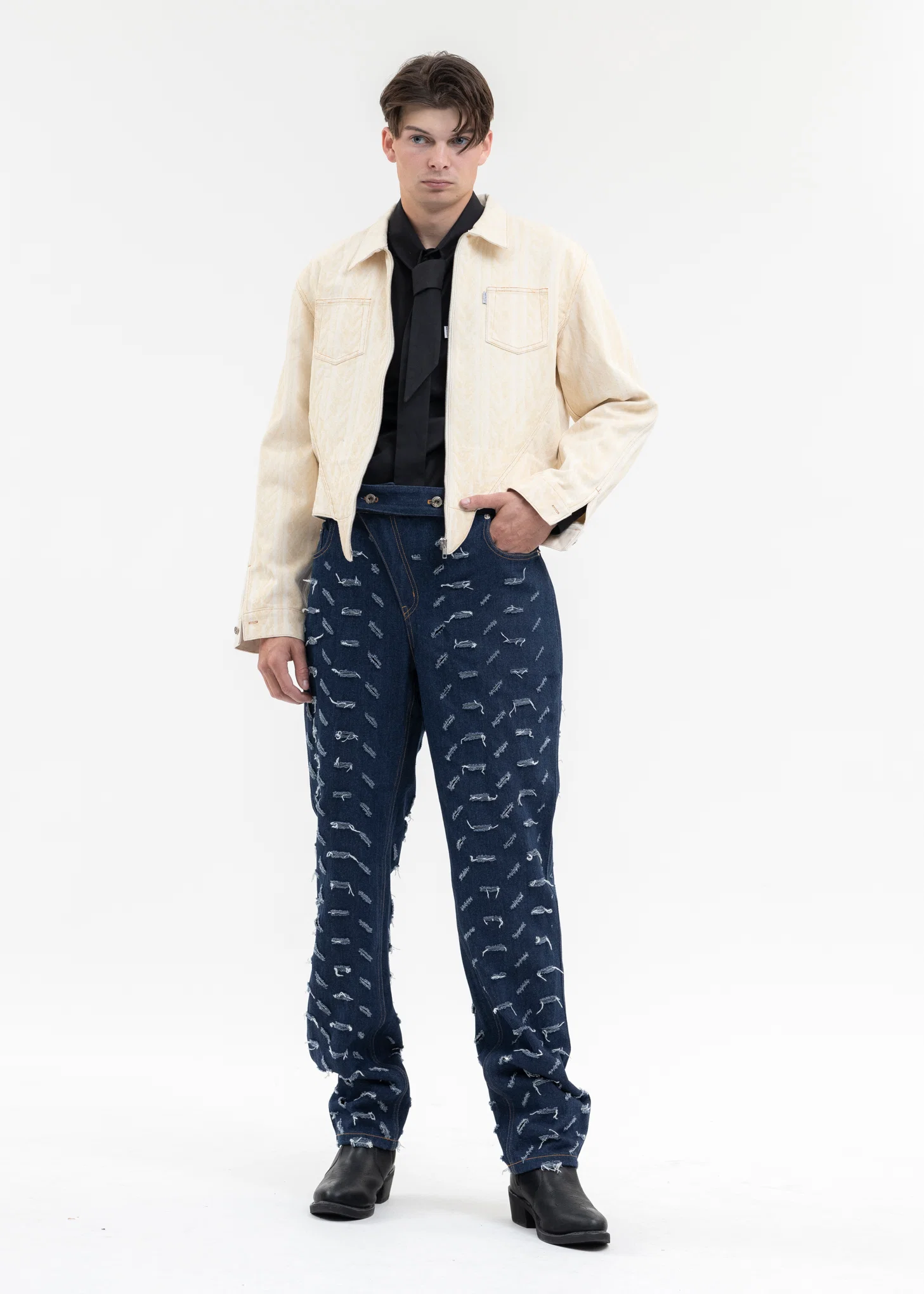 IVORY LASER-WASHED CORSET KNIT DENIM SHIRTS - Image 6