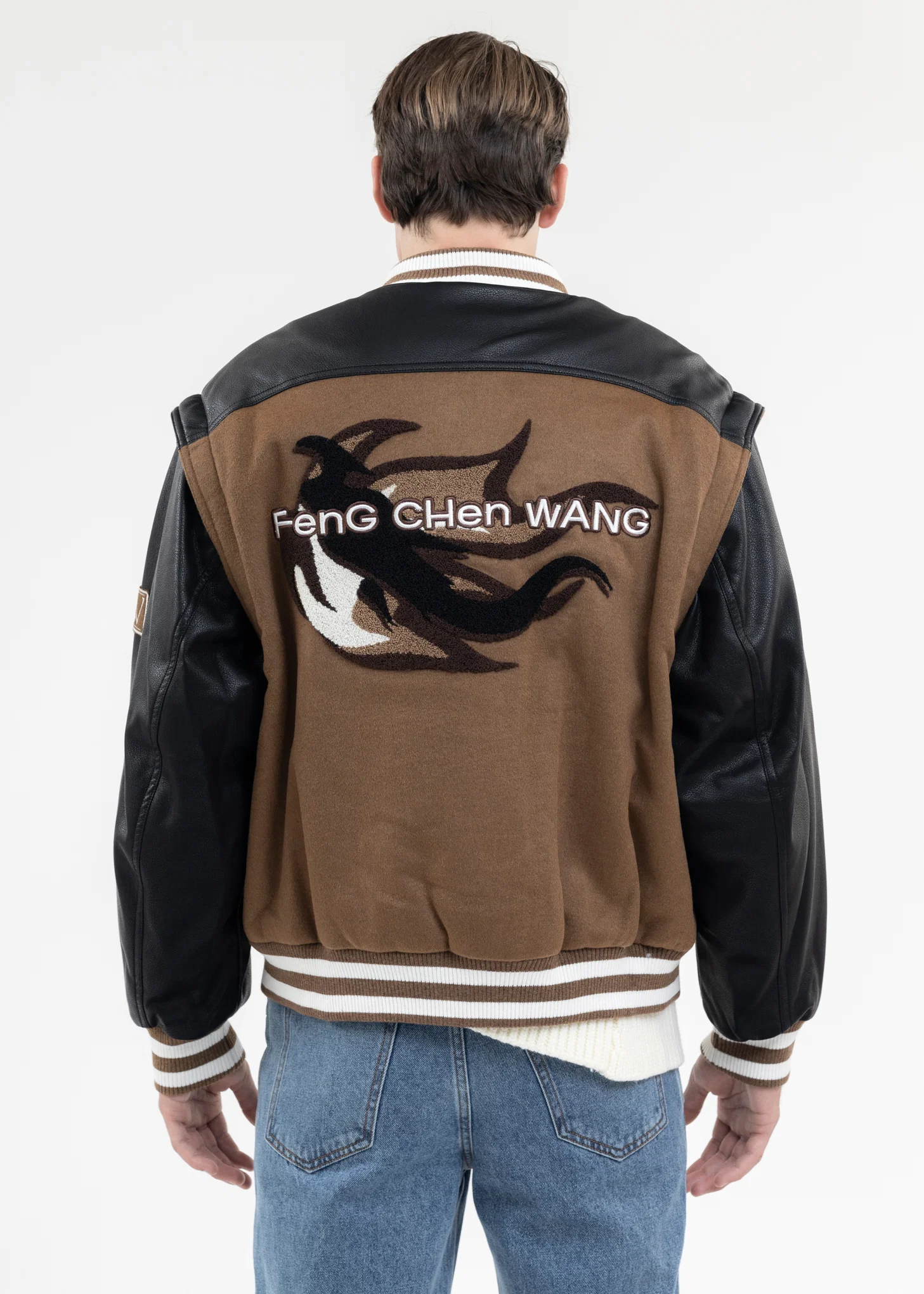 KHAKI AND BLACK PHOENIX PANELLED BOMBER - Image 3
