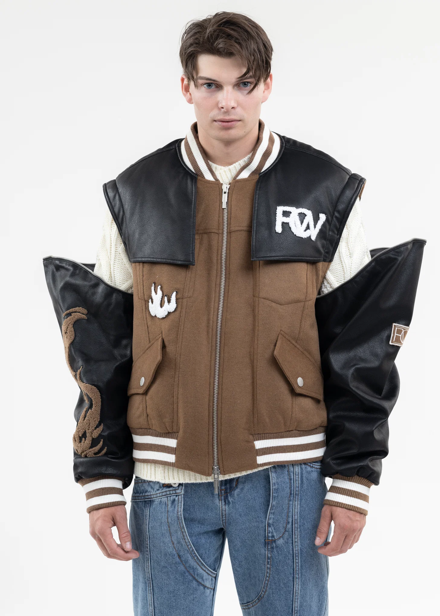 KHAKI AND BLACK PHOENIX PANELLED BOMBER - Image 4