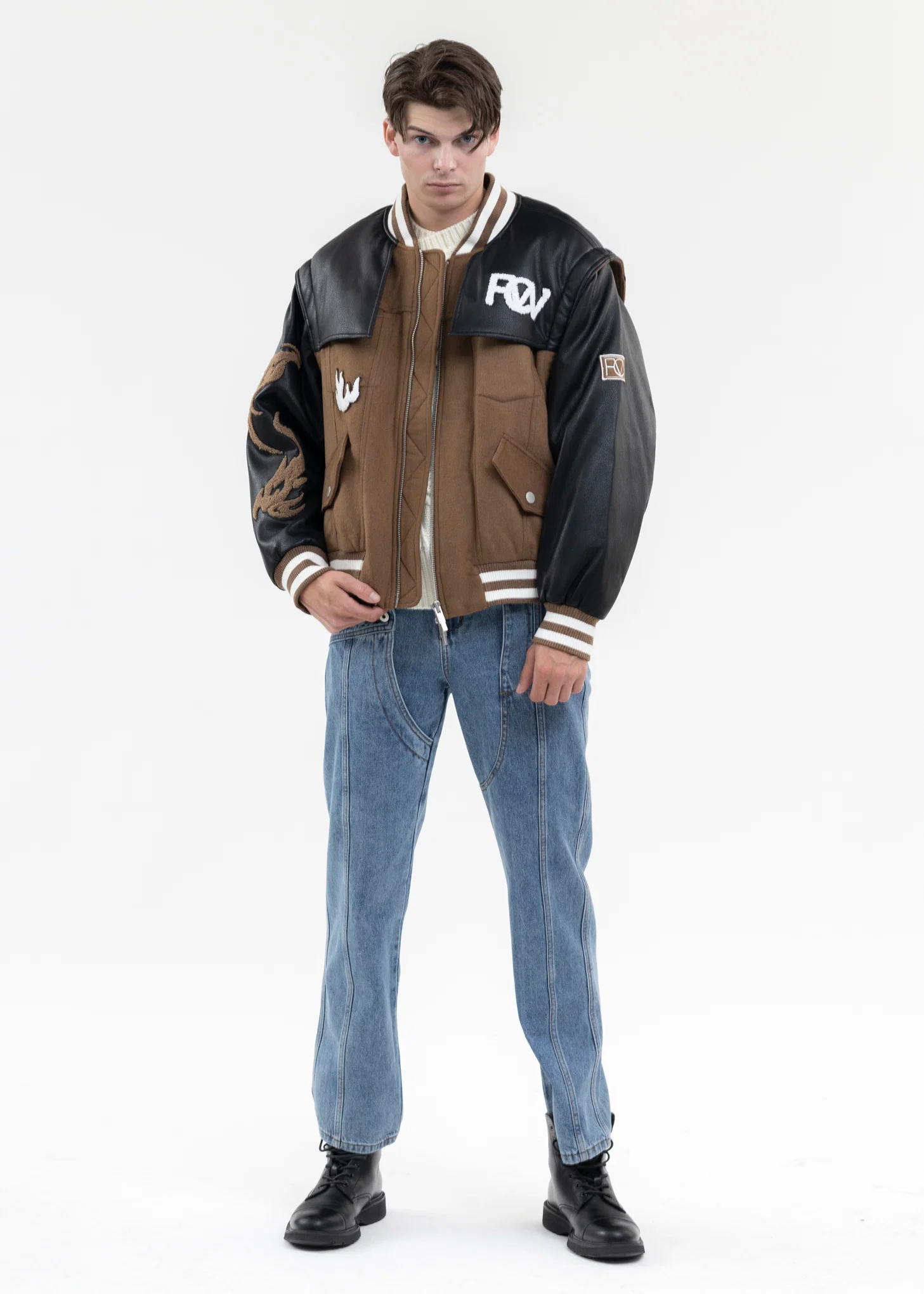KHAKI AND BLACK PHOENIX PANELLED BOMBER - Image 8
