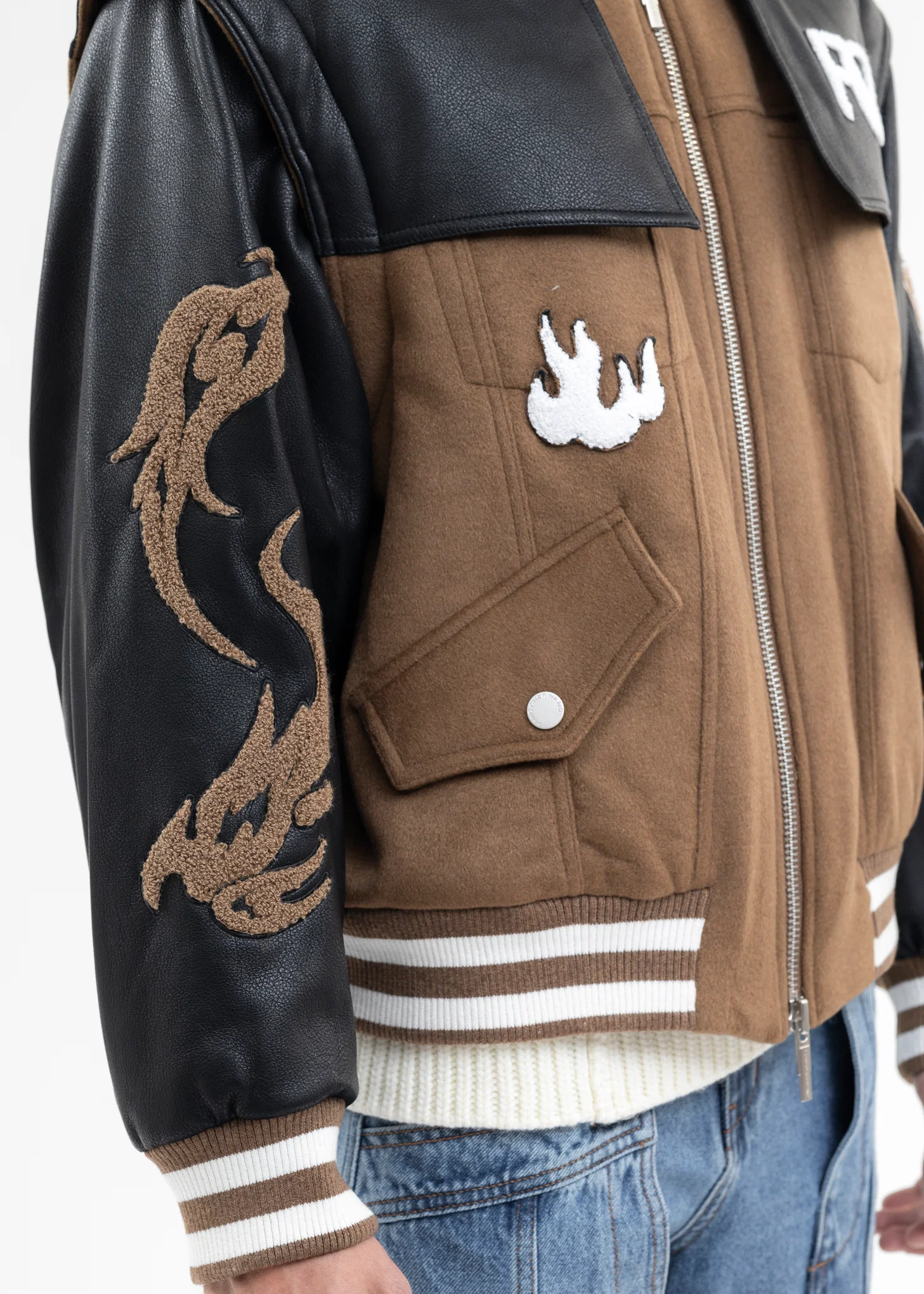KHAKI AND BLACK PHOENIX PANELLED BOMBER - Image 9
