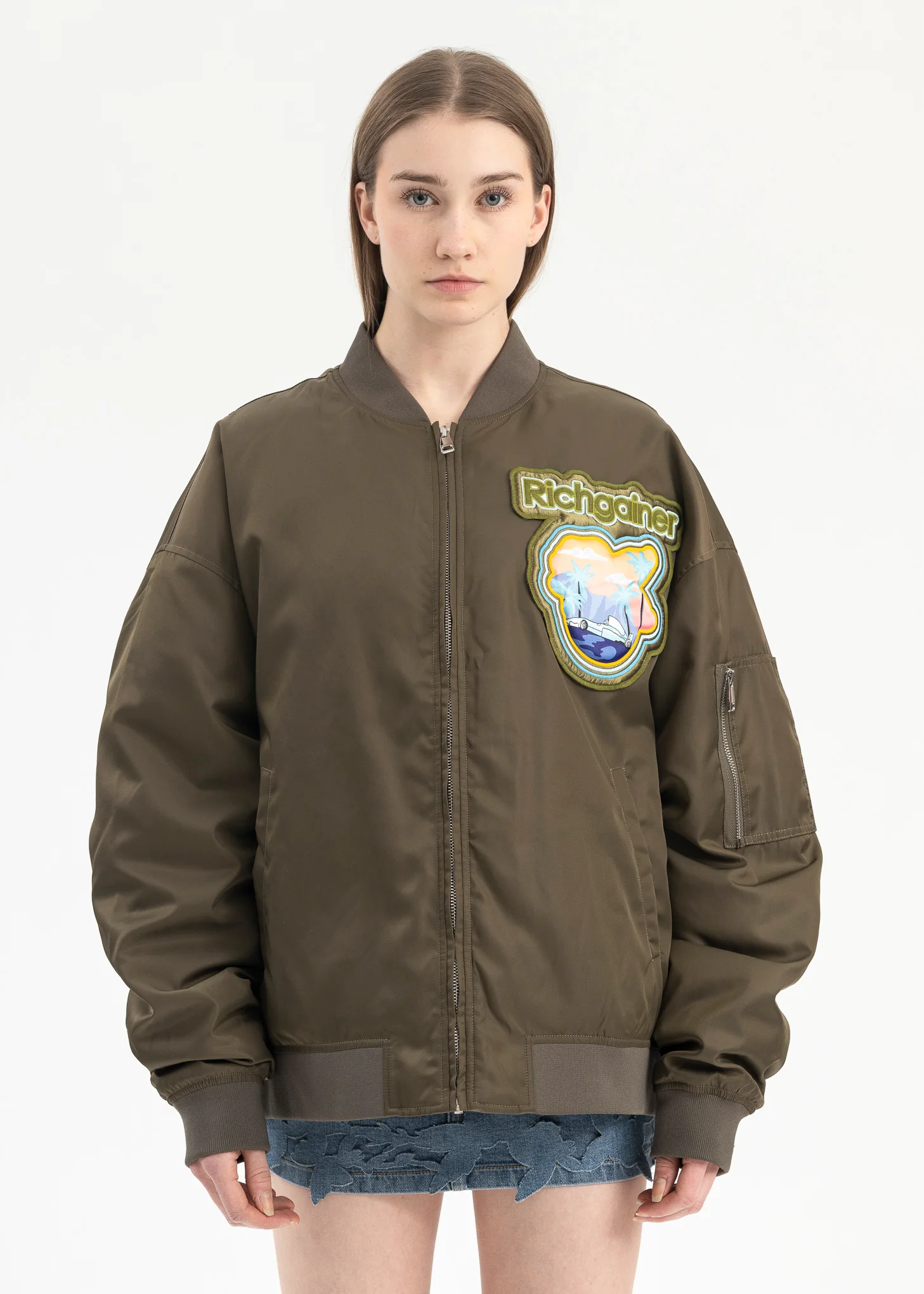 KHAKI EMBROIDERY PATCHWORK  BOMBER JACKET