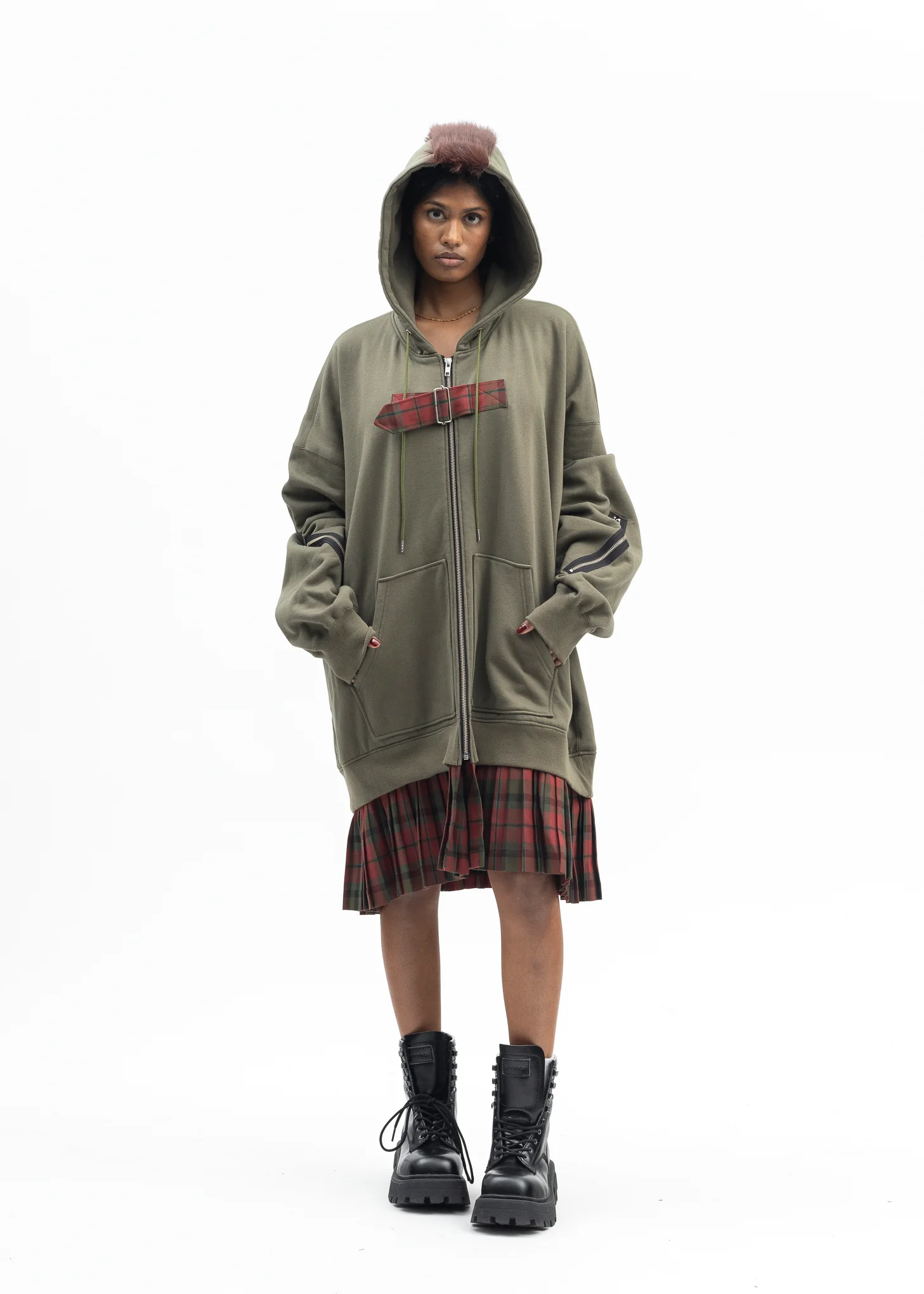 KHAKI GREEN MOHAWK PUNK HOODIE - Image 6