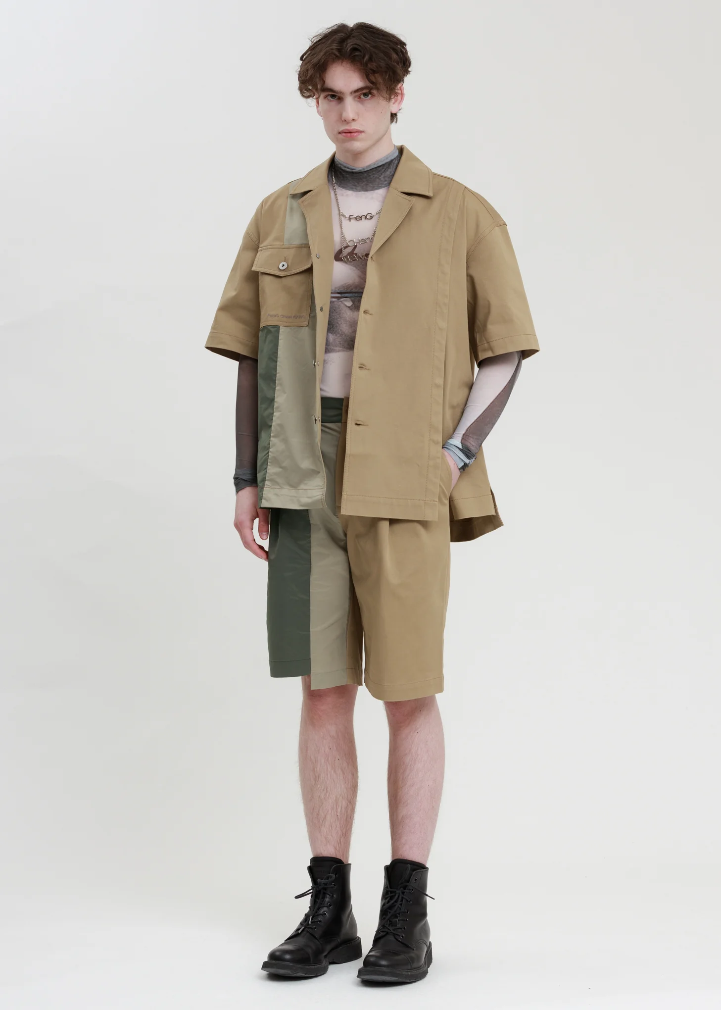 Khaki Woven Paneled Shorts - Image 6
