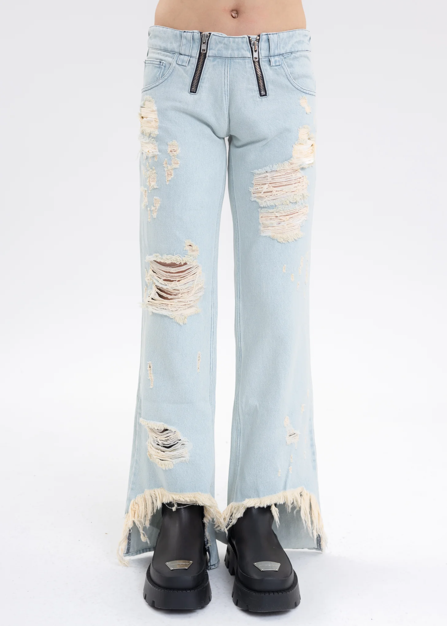 Light Blue HIGH WAISTED TROUSERS W EXPOSED DOUBLE ZIPS