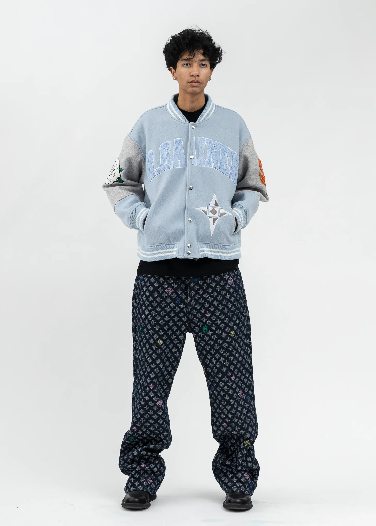 LIGHT BLUE/GREY ROSE EMBROIDERY PATCHWORK  BOMBER JACKET - Image 5