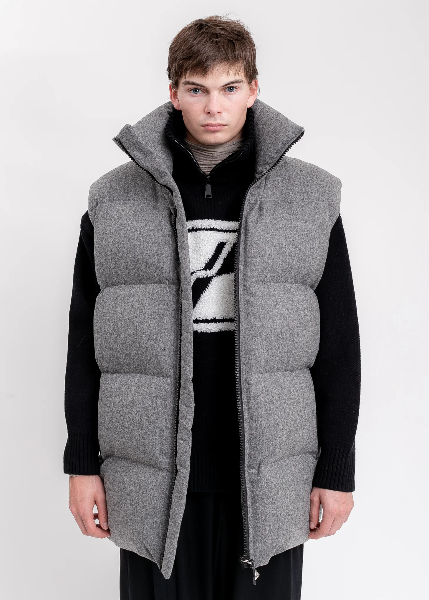 Melange Grey Oversized Flannel Down Vest - Image 7