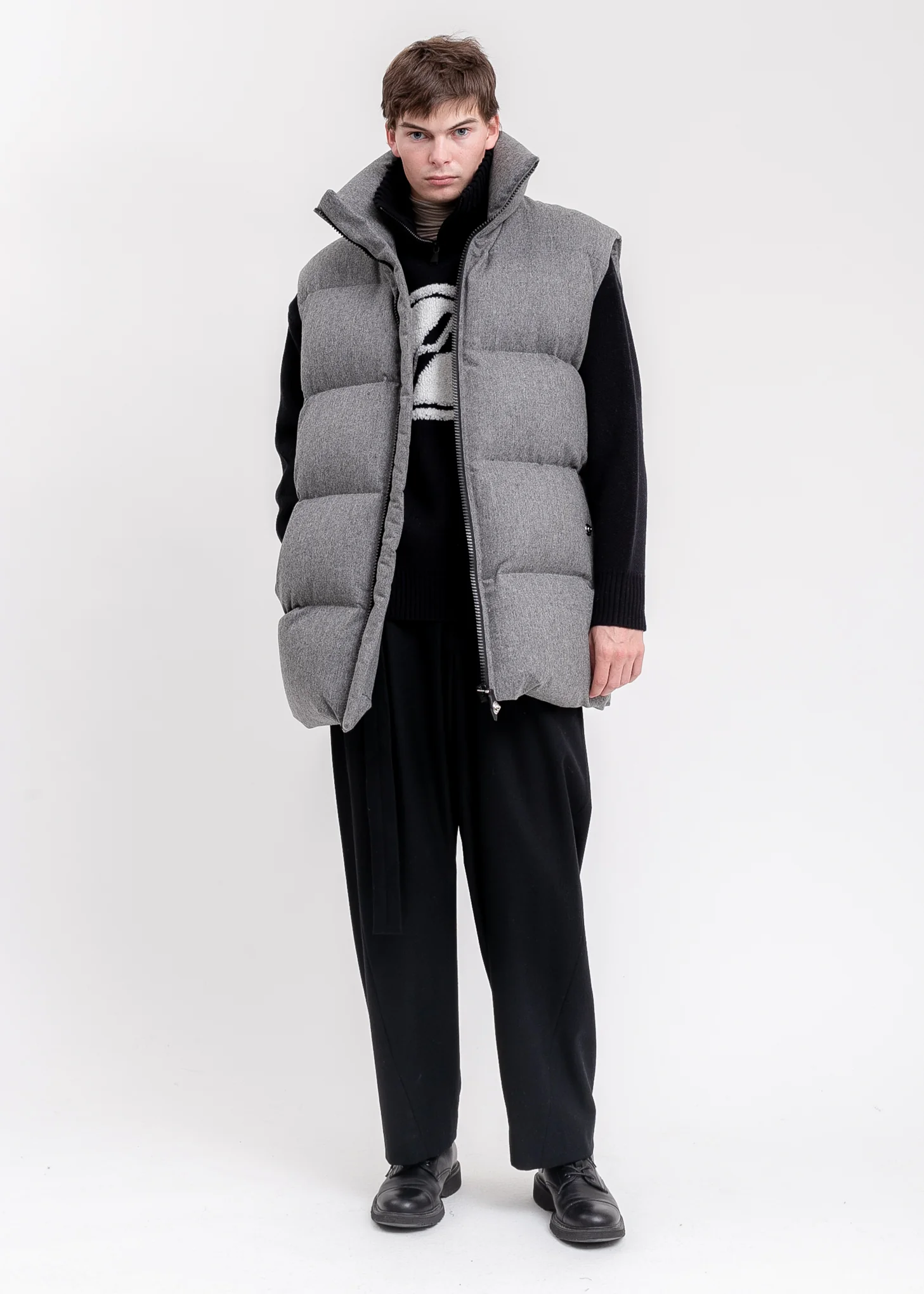 Melange Grey Oversized Flannel Down Vest - Image 8