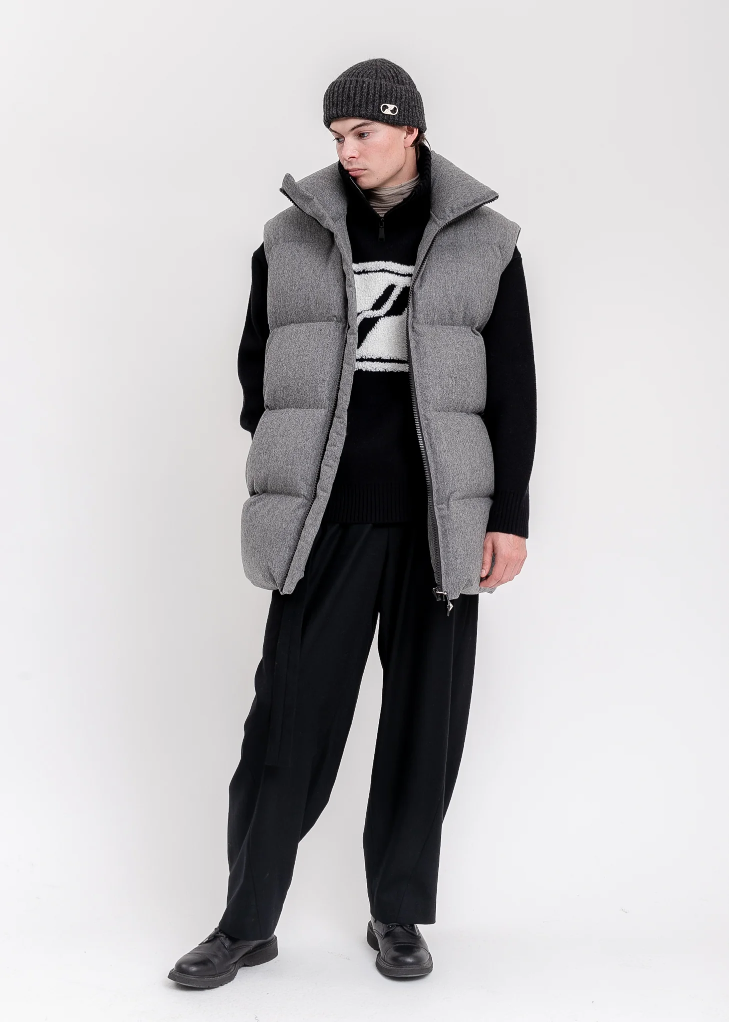 Melange Grey Oversized Flannel Down Vest - Image 9