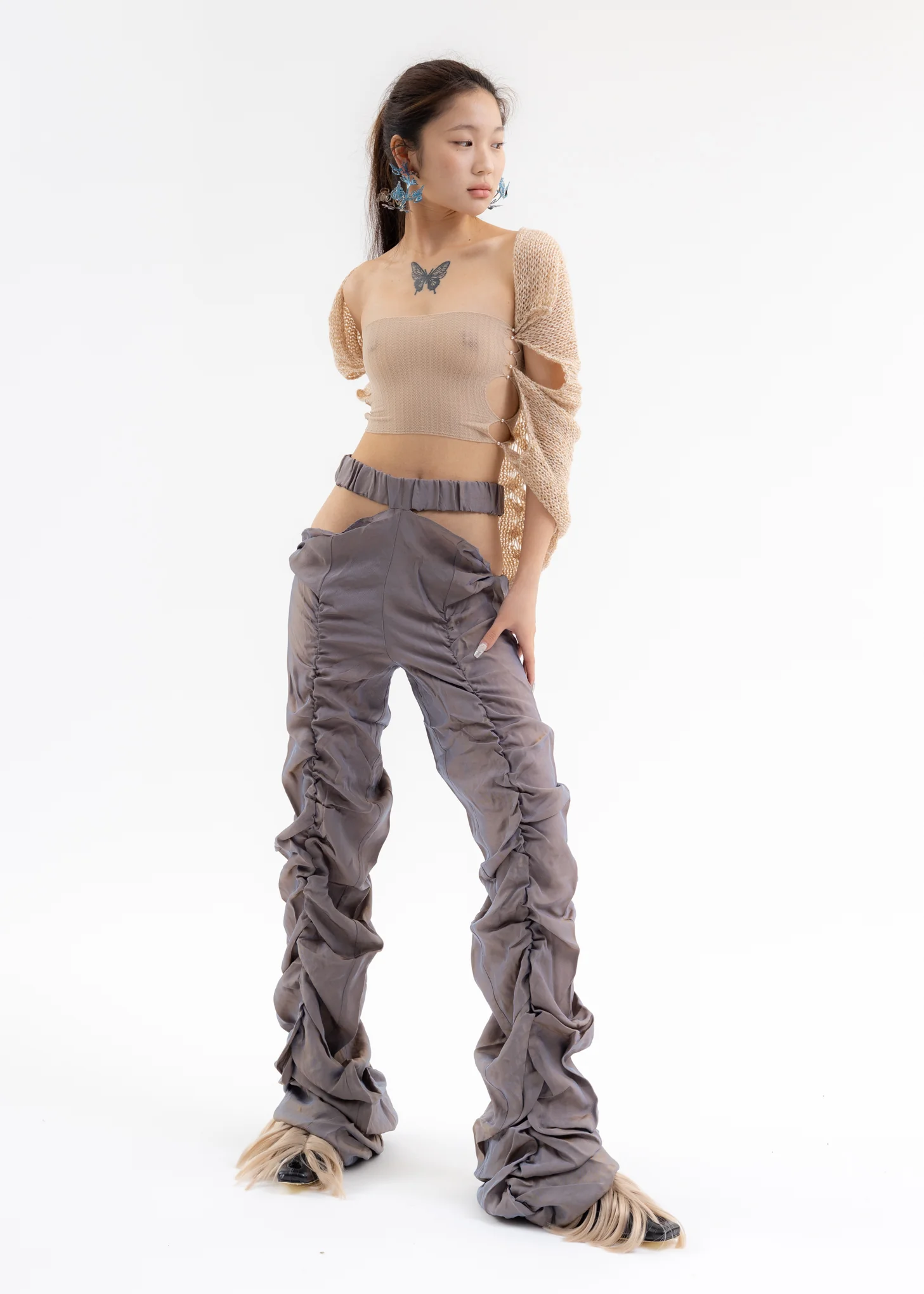METALLIC LILAC PLEATED CUT-OUT PANTS - Image 6