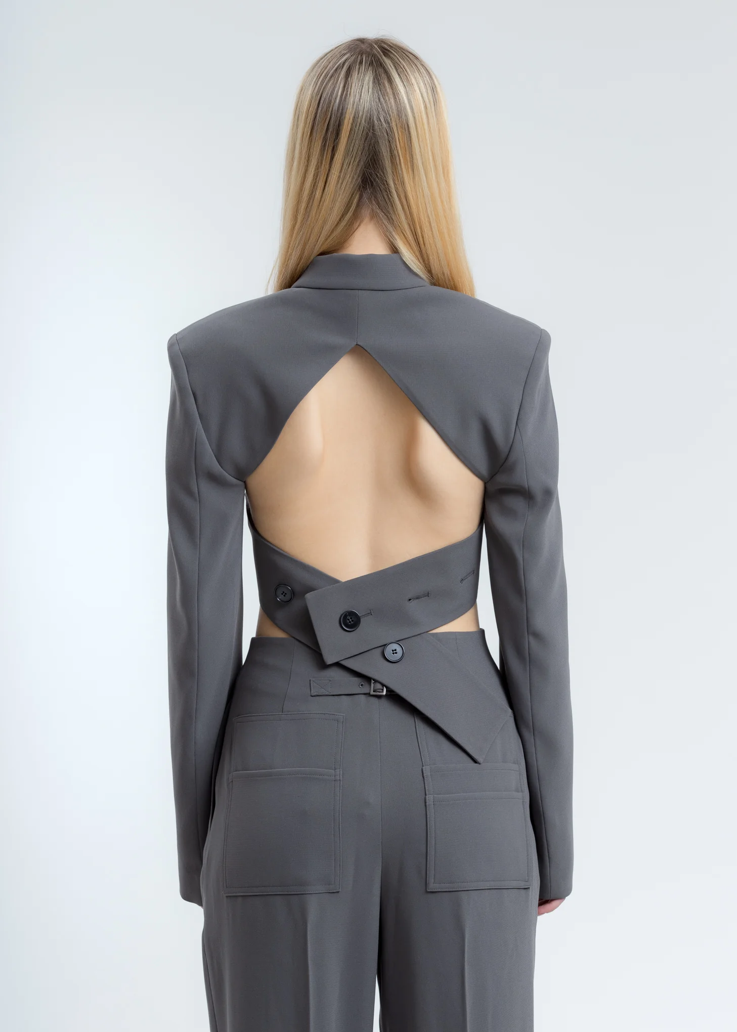 Taupe Overlapped Lapel Collar Short Blazer - Image 2