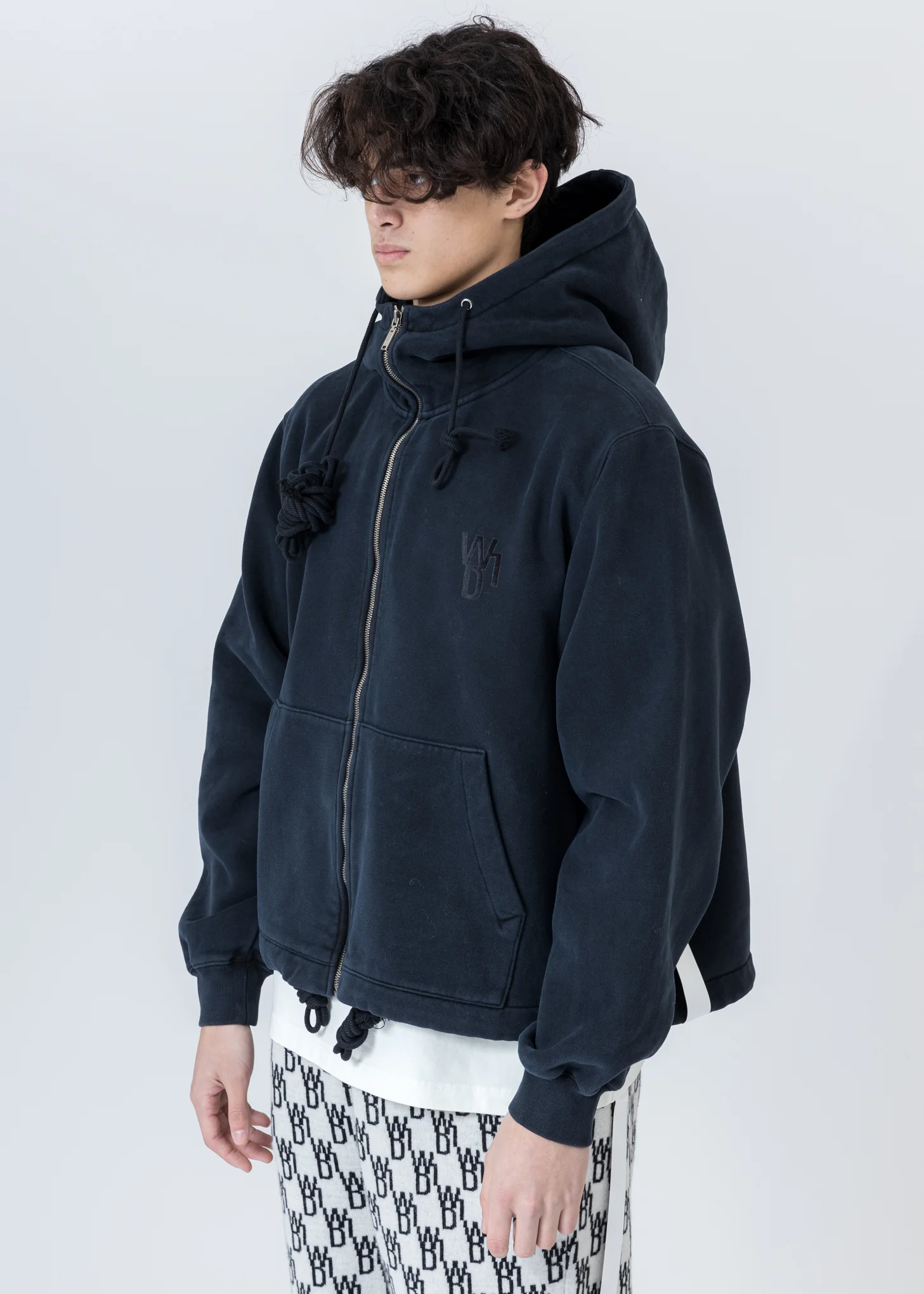 Navy Embroidered Teddy Zip-Up Hoodie - Image 3