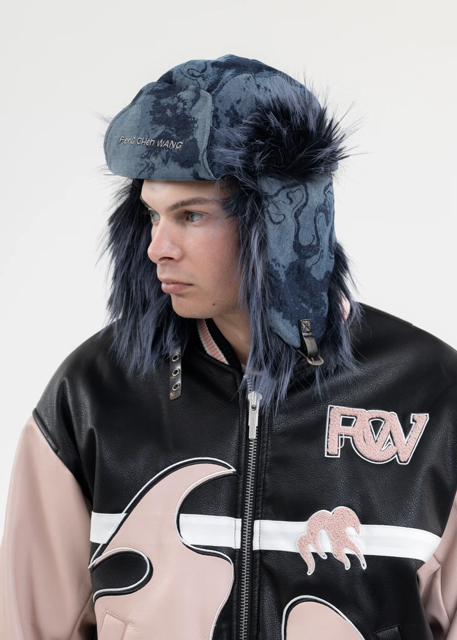 NAVY FAUX FUR PHOENIX PATTERN DENIM EARMUFFS CAP - Image 3