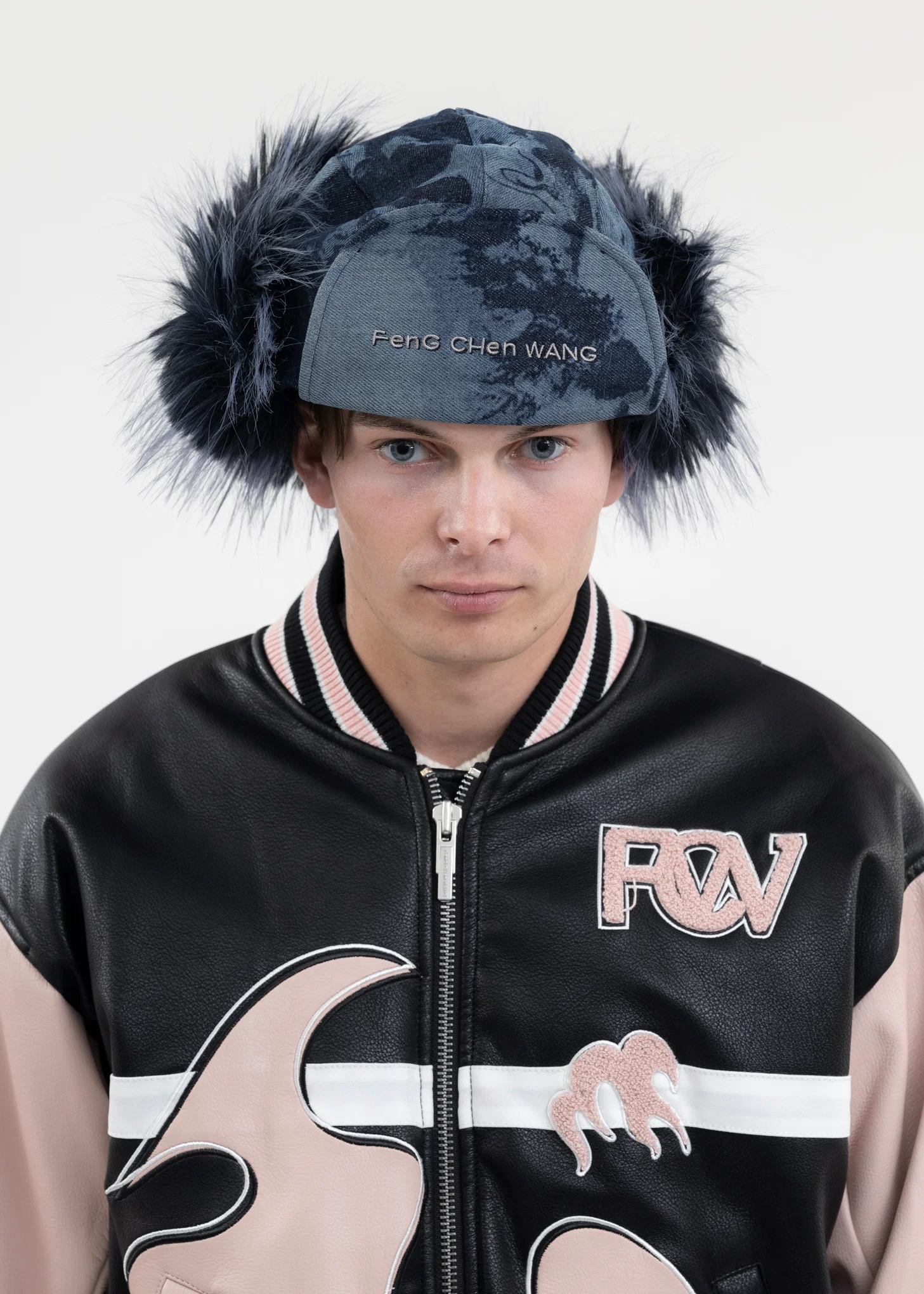 NAVY FAUX FUR PHOENIX PATTERN DENIM EARMUFFS CAP - Image 4