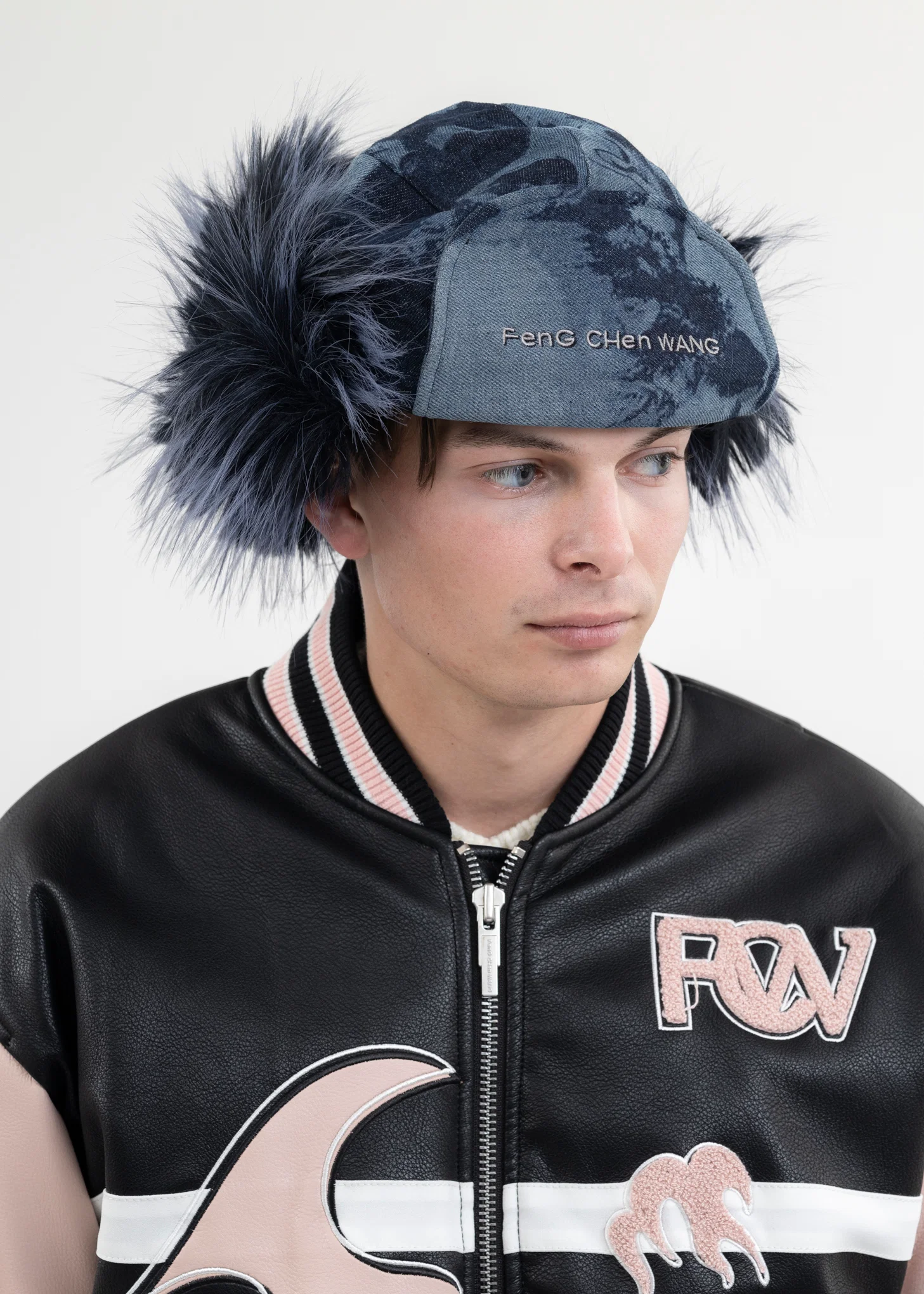 NAVY FAUX FUR PHOENIX PATTERN DENIM EARMUFFS CAP - Image 5