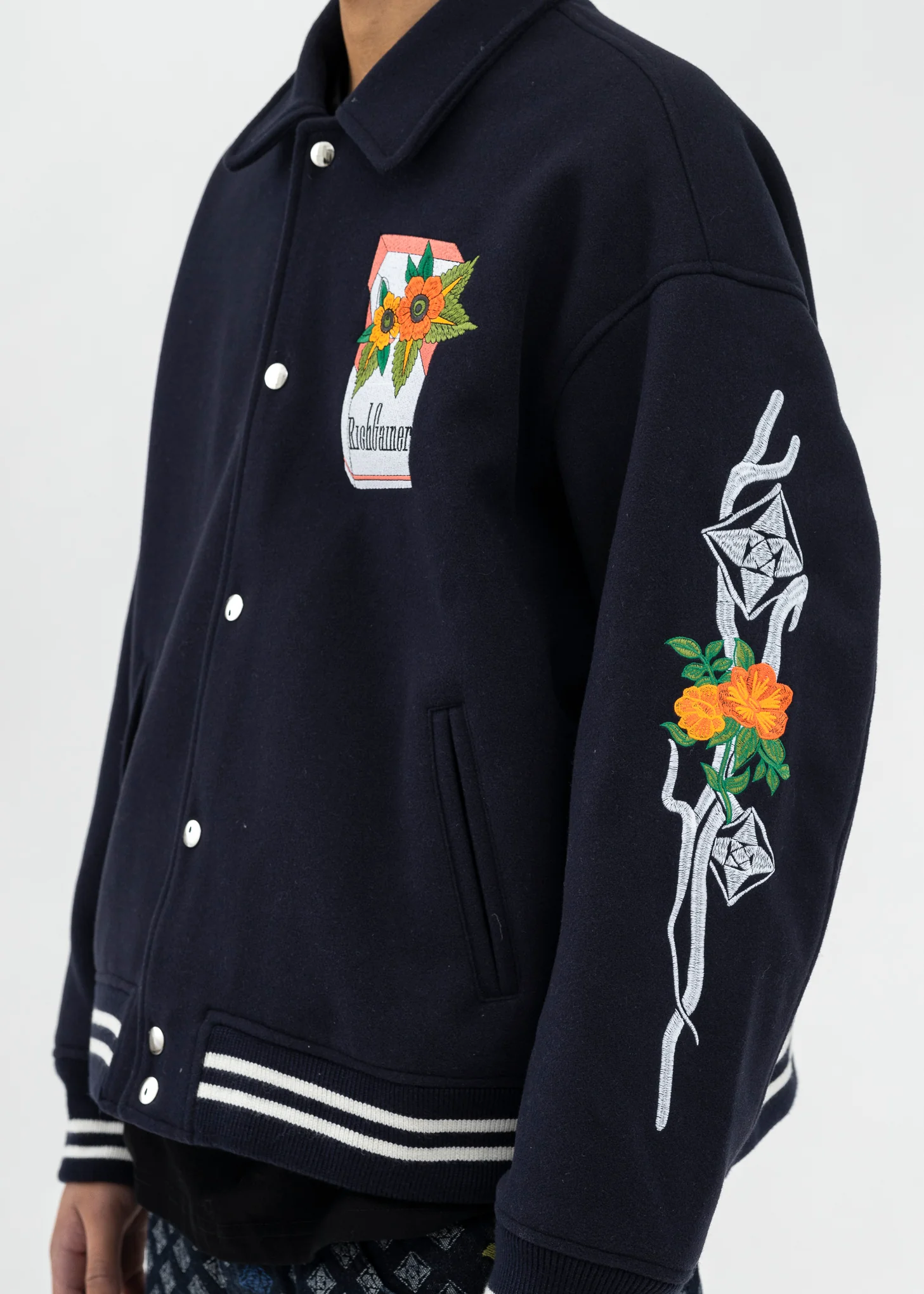 NAVY FLOWERS EMBROIDERY PATCHWORK  BOMBER JACKET - Image 4