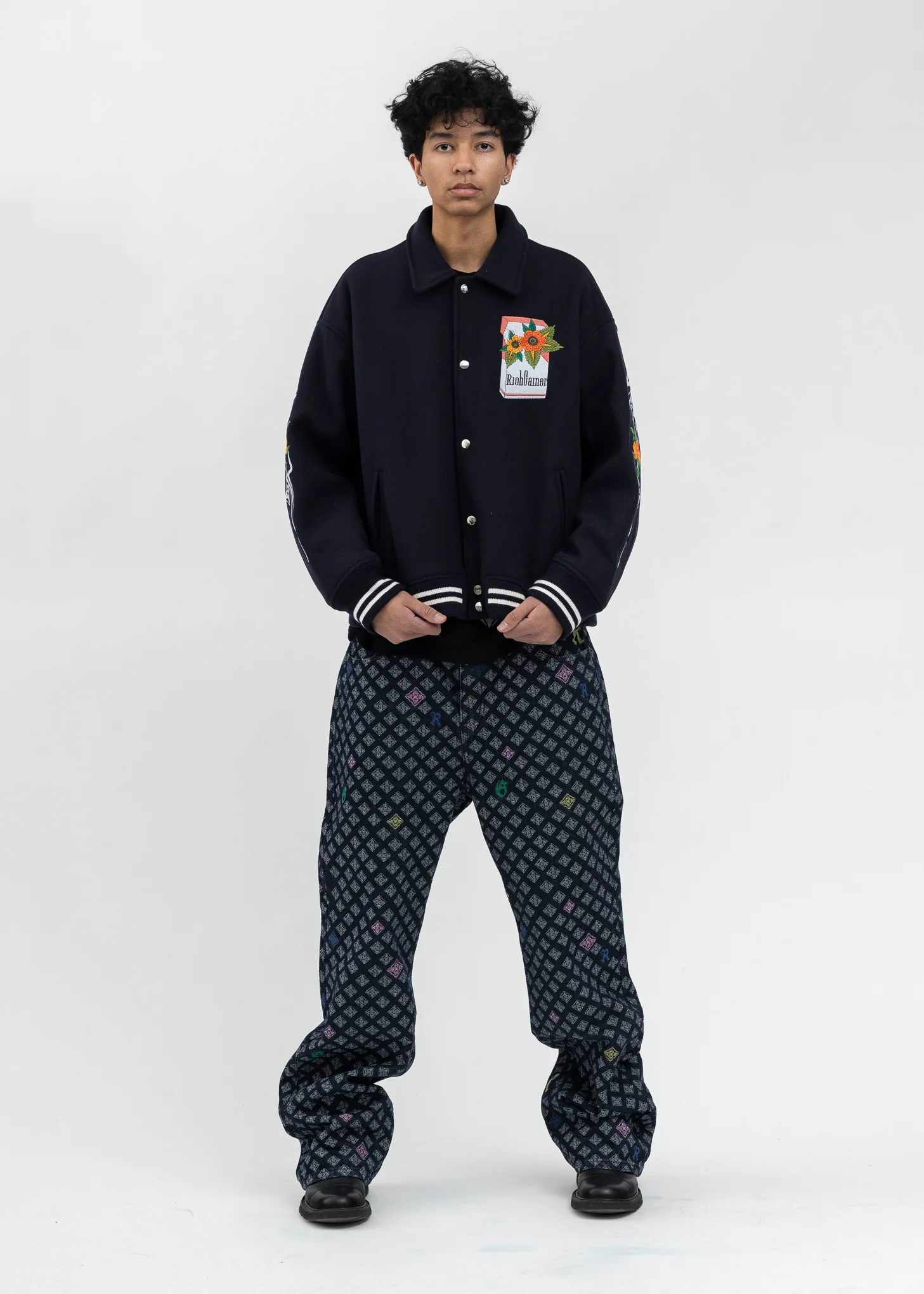 NAVY FLOWERS EMBROIDERY PATCHWORK  BOMBER JACKET - Image 5
