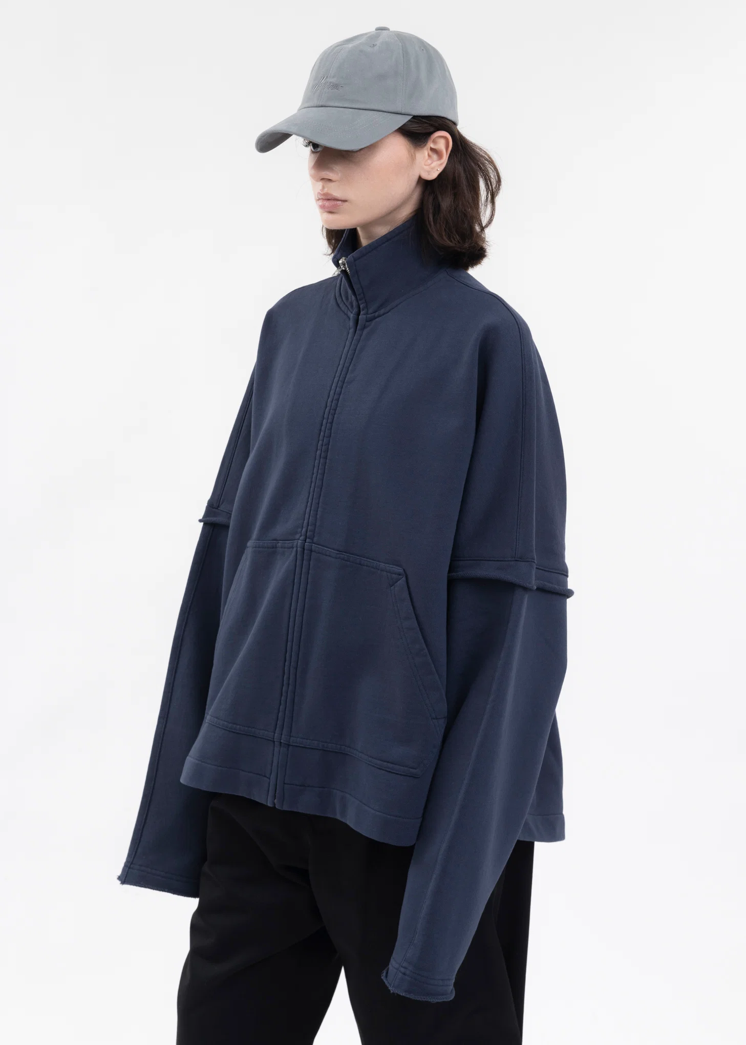 NAVY HIGH NECK JERSEY ZIP-UP SWEATSHIRT - Image 3