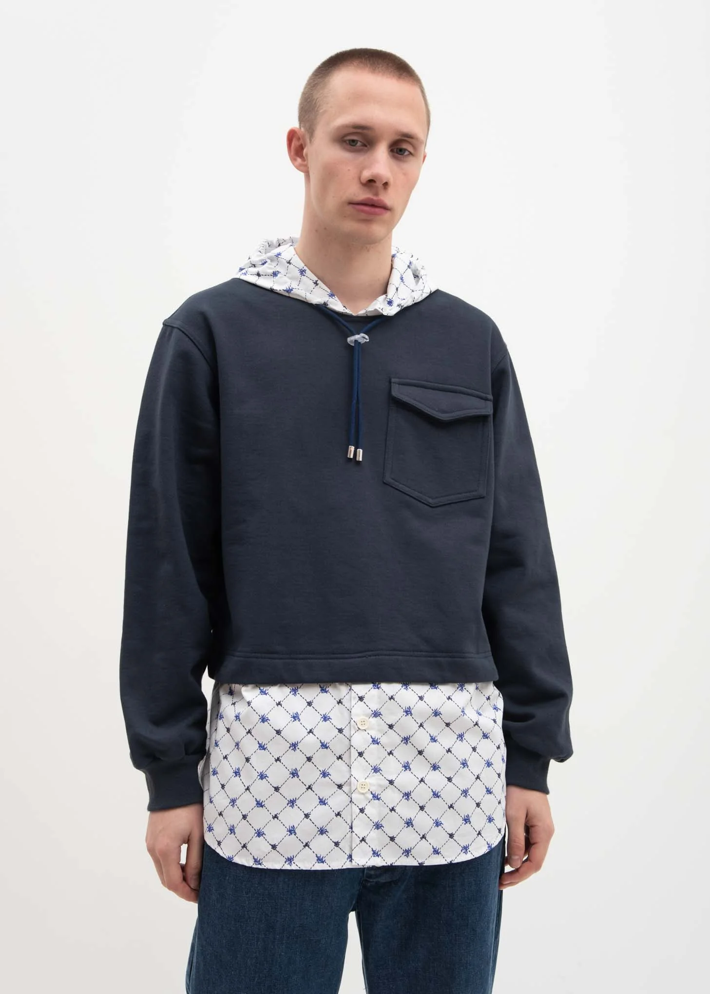 Navy Hoodie with Poplin Shirt