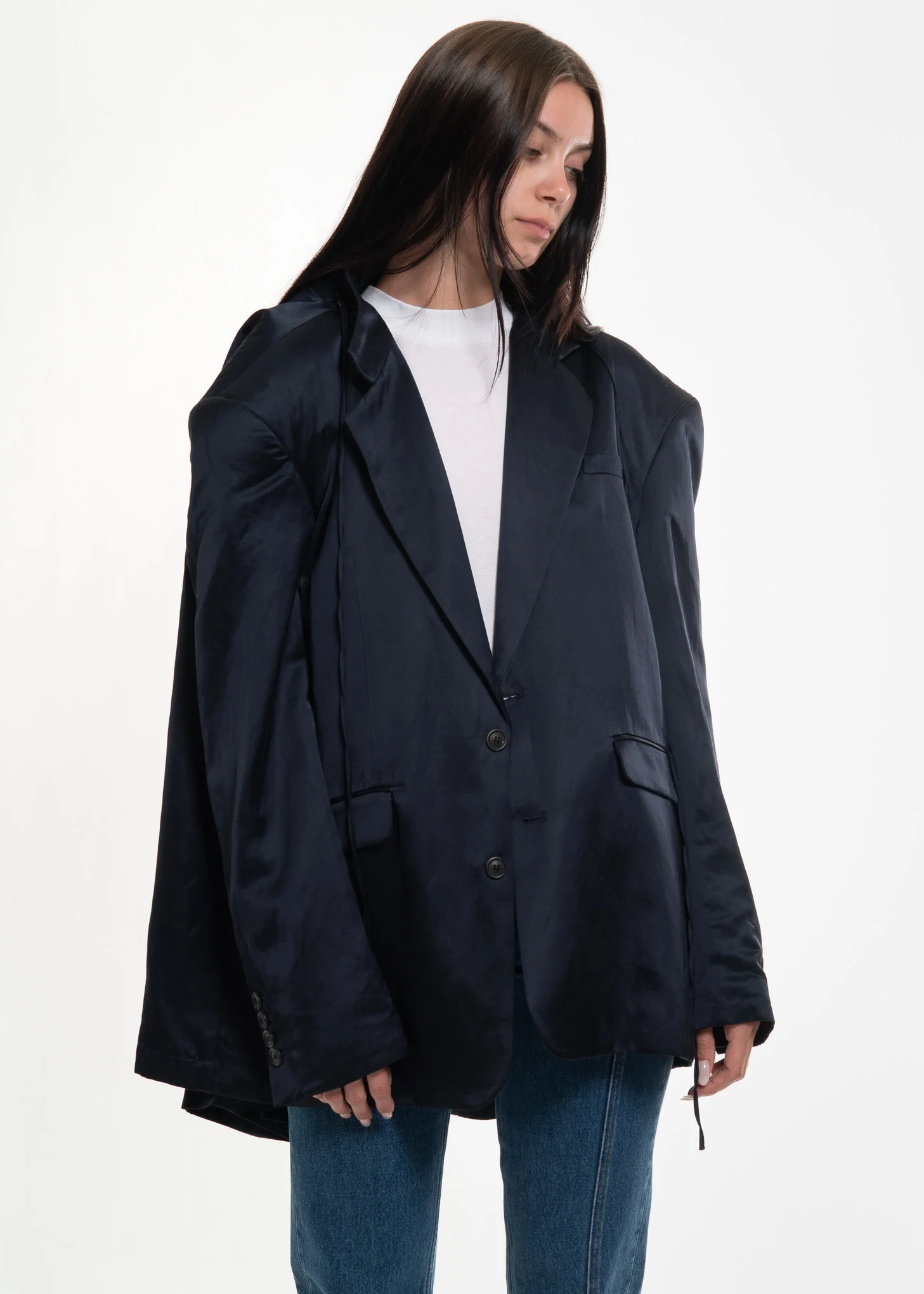 Navy Linen Four Sleeve Blazer - Image 3