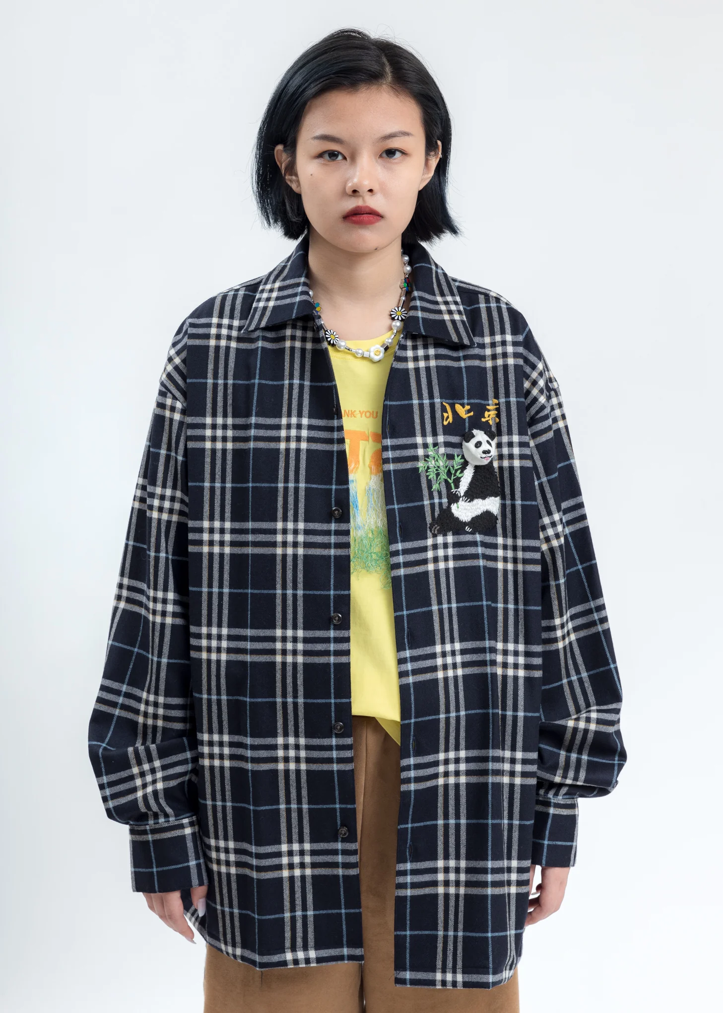 Navy Puppet Animal Embroidery Check Shirt - Image 3