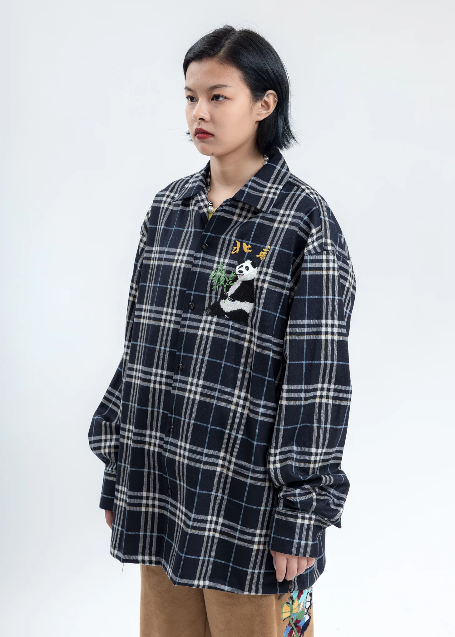 Navy Puppet Animal Embroidery Check Shirt - Image 4