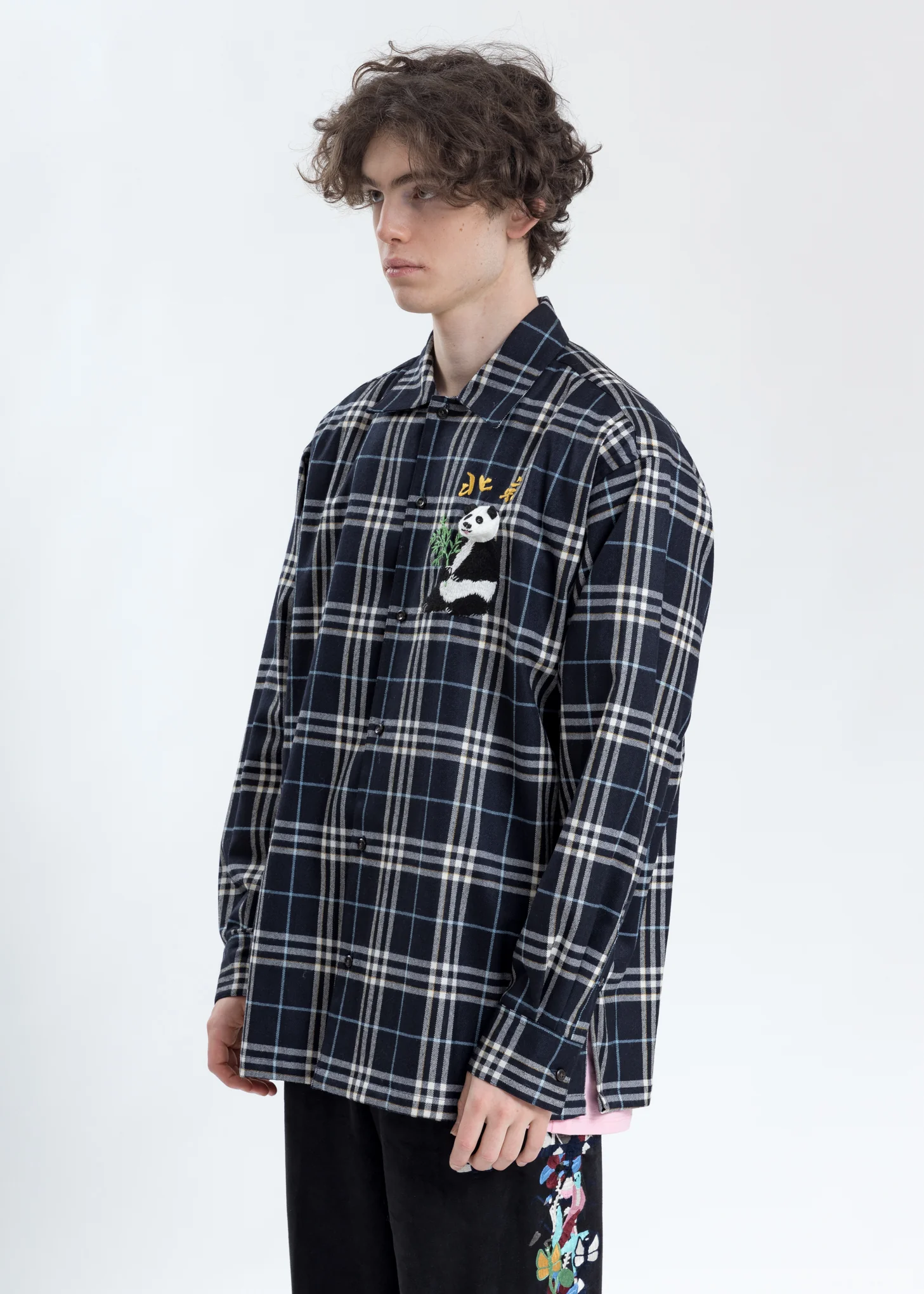 Navy Puppet Animal Embroidery Check Shirt - Image 2