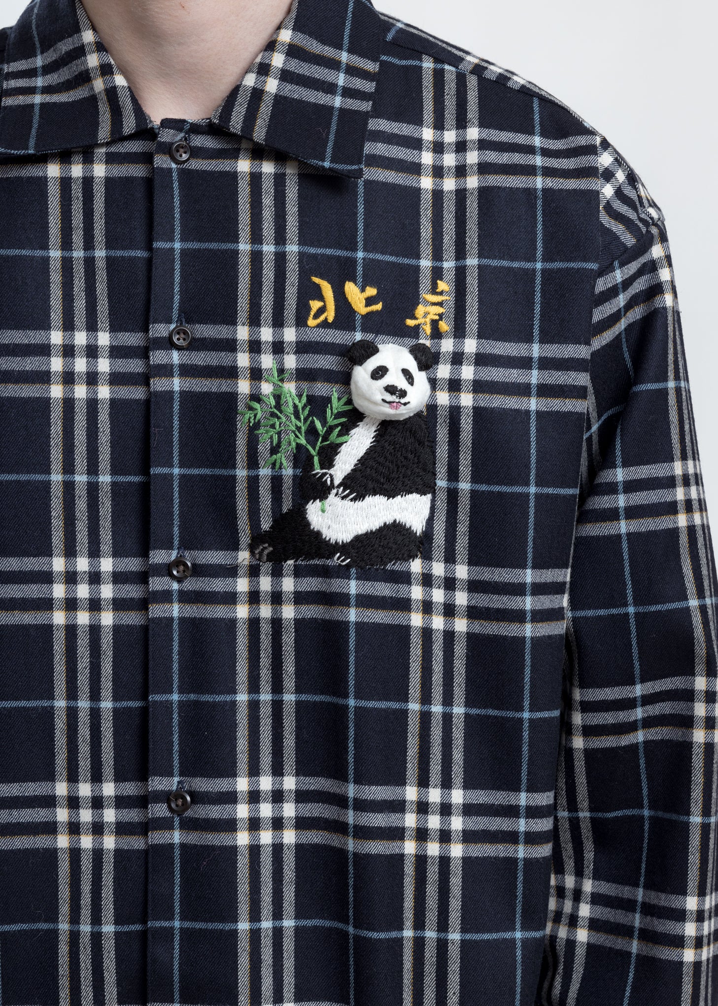 Navy Puppet Animal Embroidery Check Shirt - Image 3