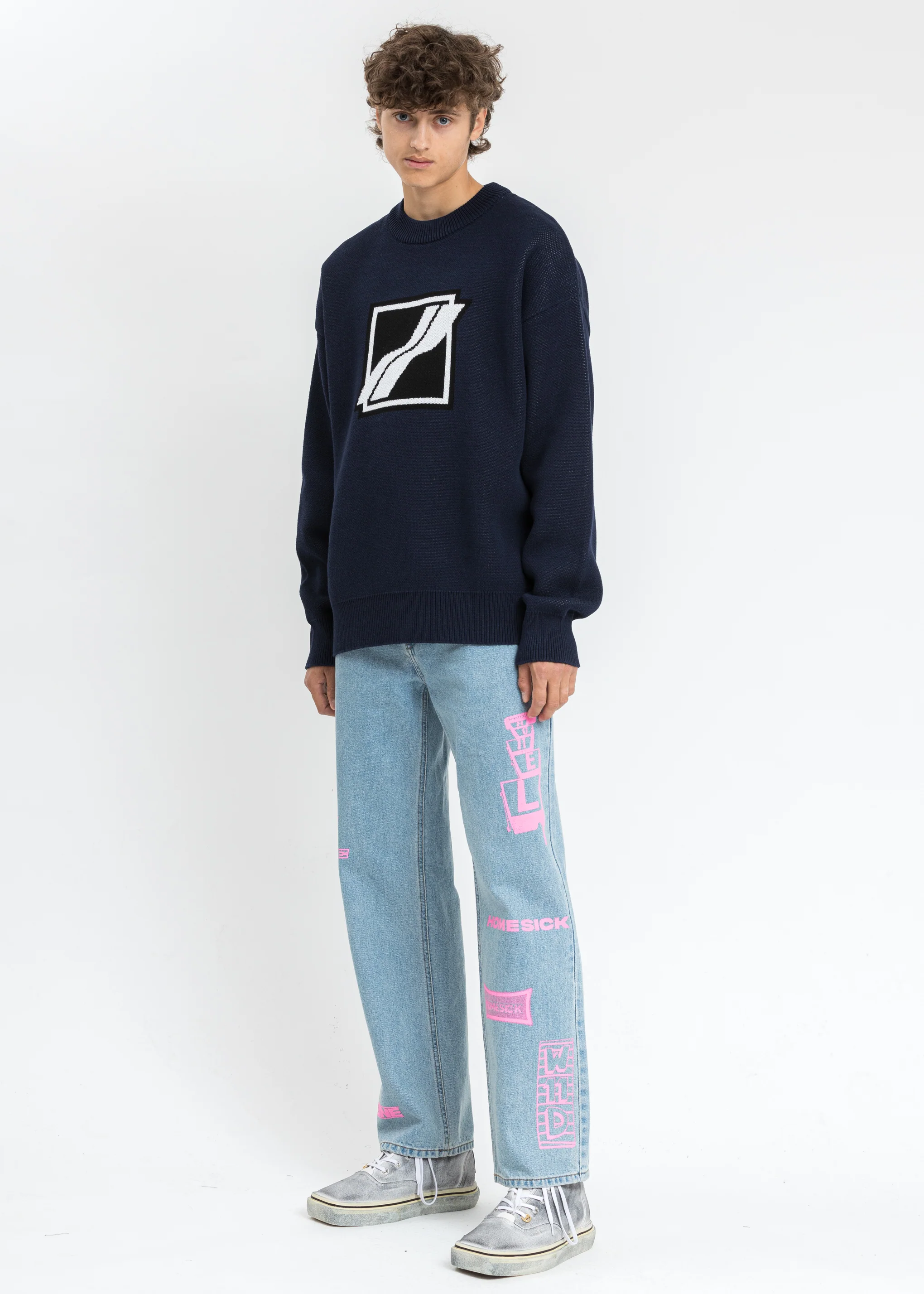 Navy Square Logo Jacquard Knit Pull Over - Image 5