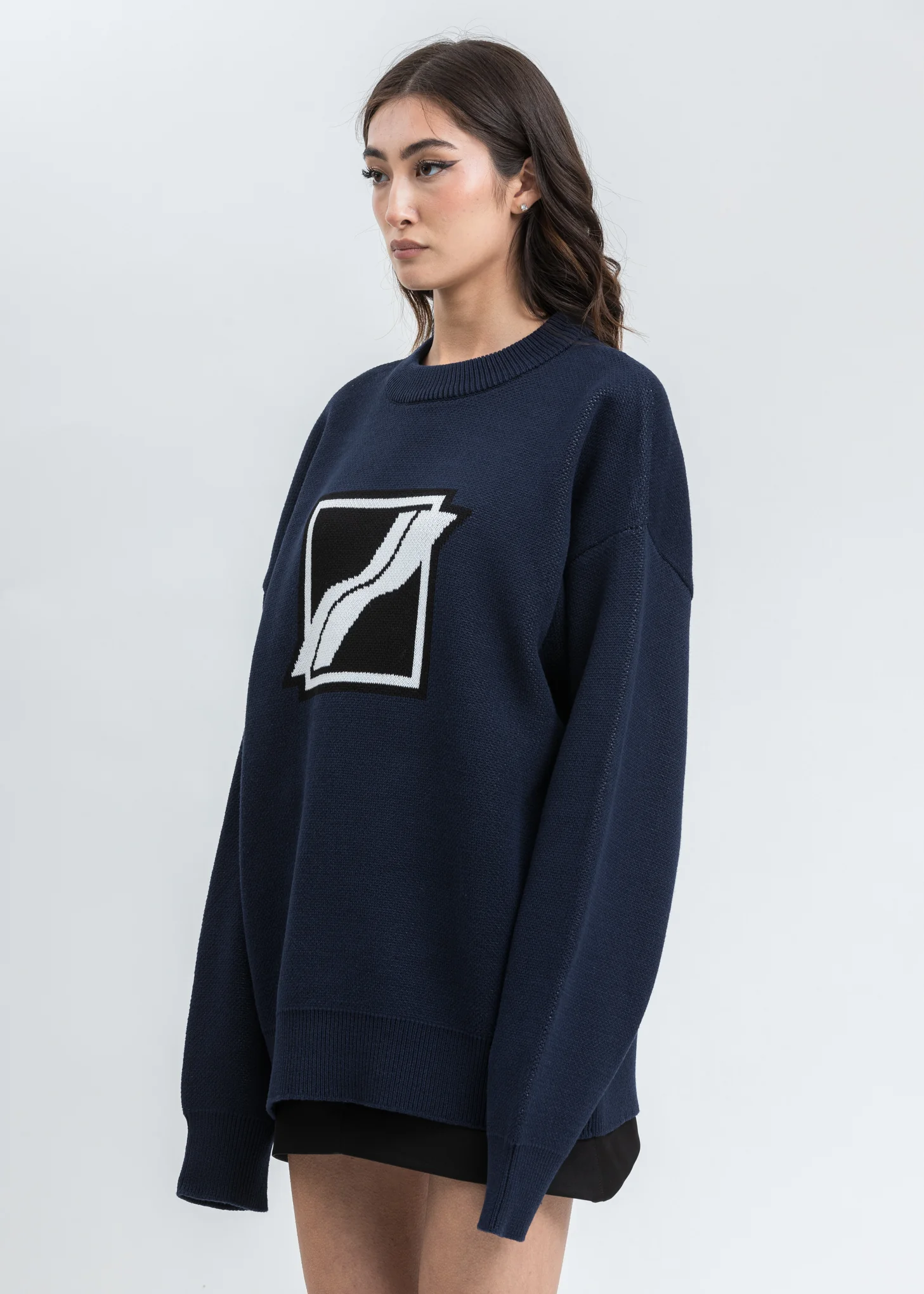 Navy Square Logo Jacquard Knit Pull Over - Image 3