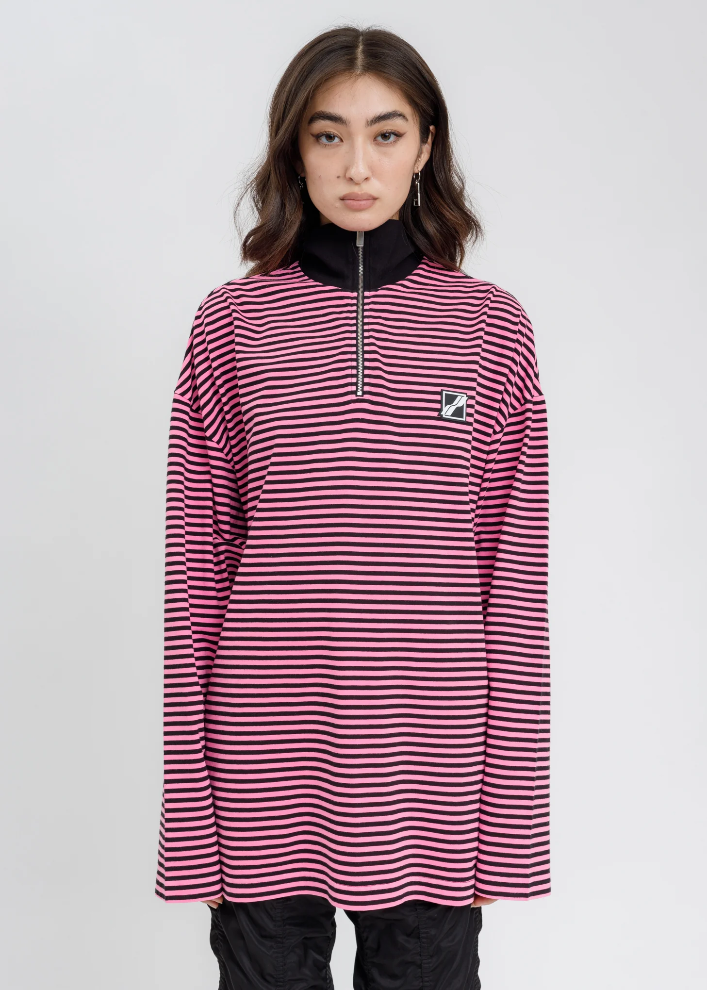 Neon Pink Logo Print Striped Zip-Up Long Sleeves