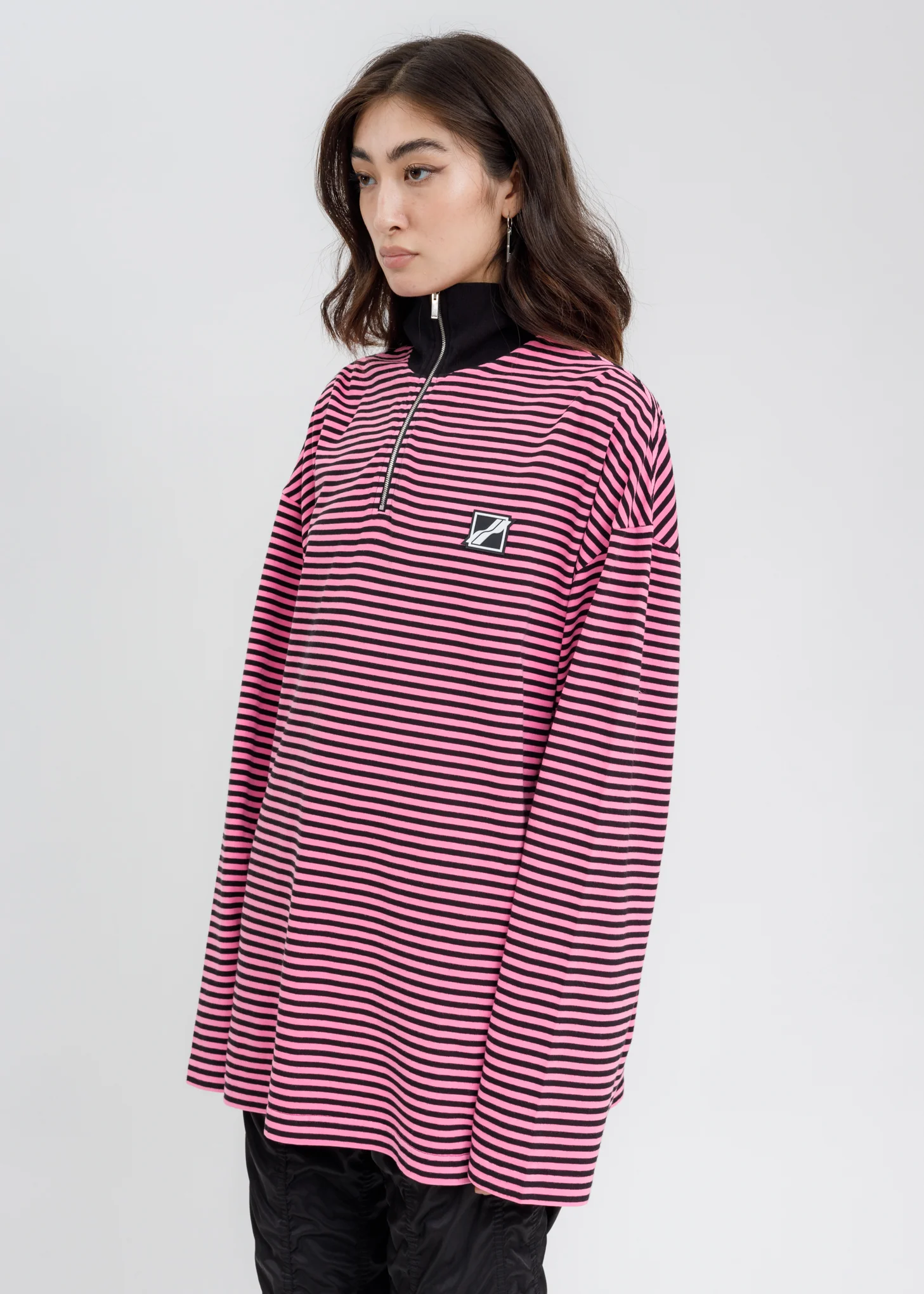 Neon Pink Logo Print Striped Zip-Up Long Sleeves - Image 3