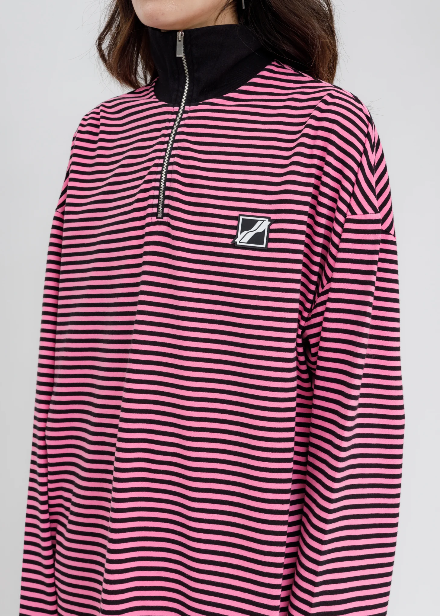 Neon Pink Logo Print Striped Zip-Up Long Sleeves - Image 5