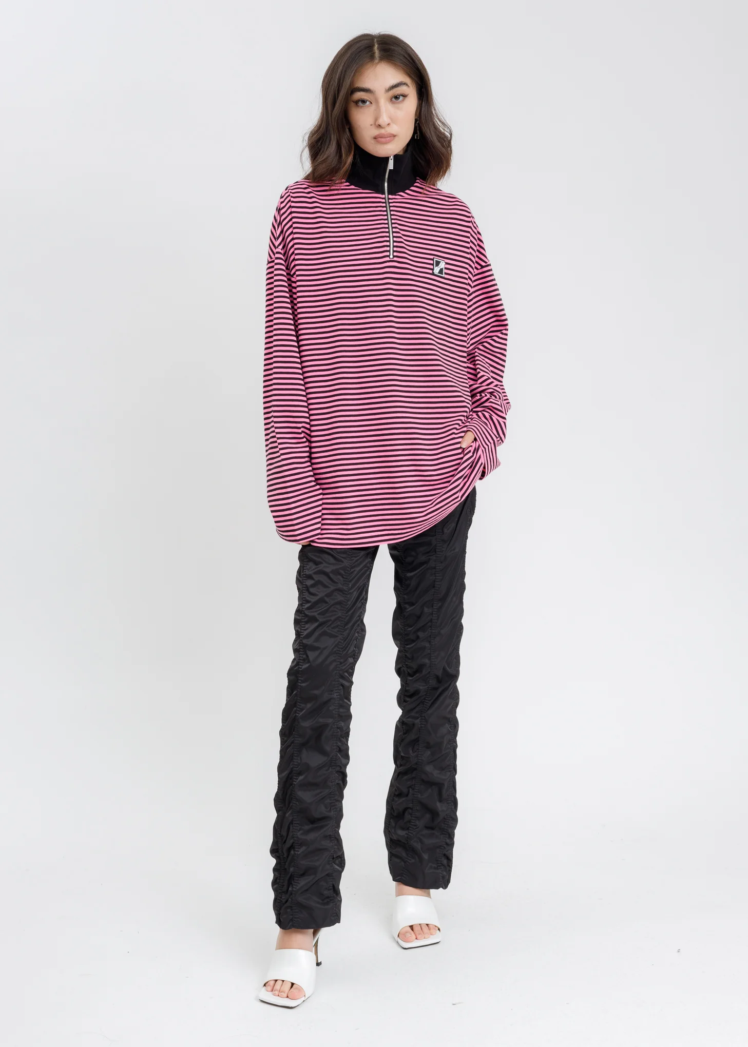 Neon Pink Logo Print Striped Zip-Up Long Sleeves - Image 6
