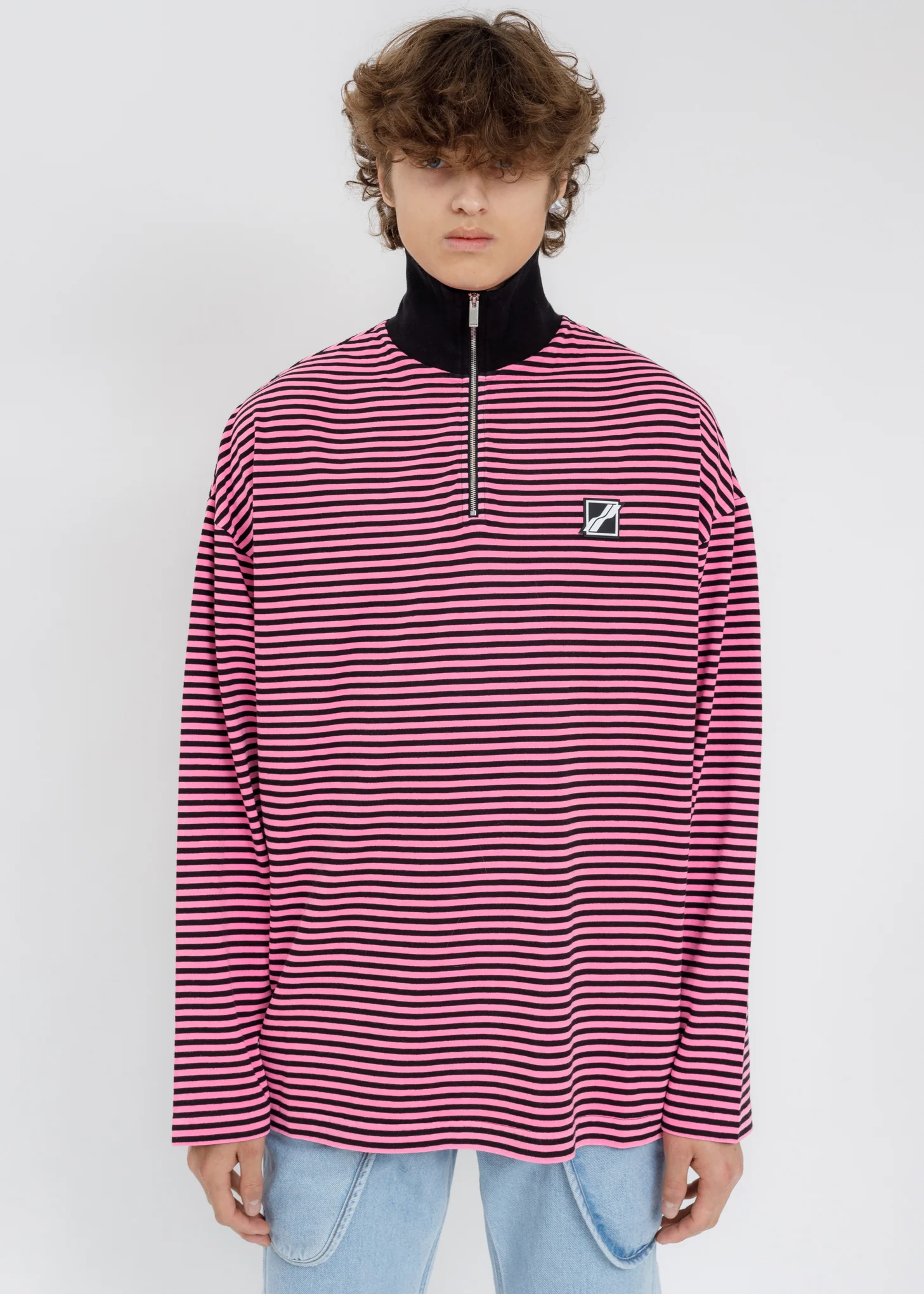 Neon Pink Logo Print Striped Zip-Up Long Sleeves