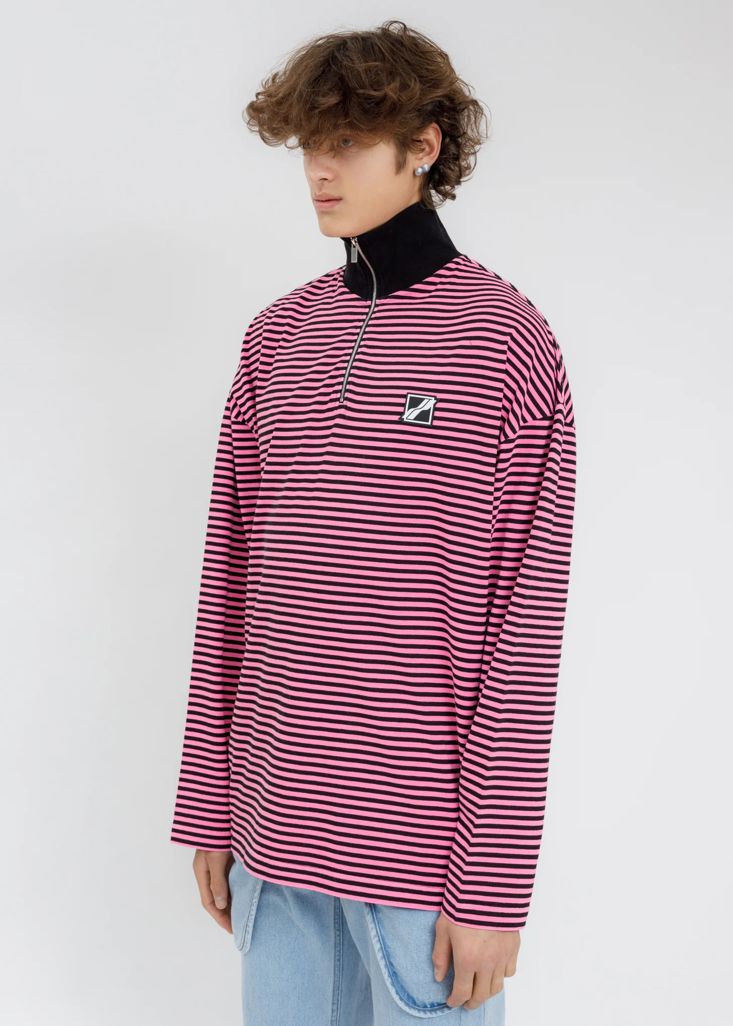 Neon Pink Logo Print Striped Zip-Up Long Sleeves - Image 3