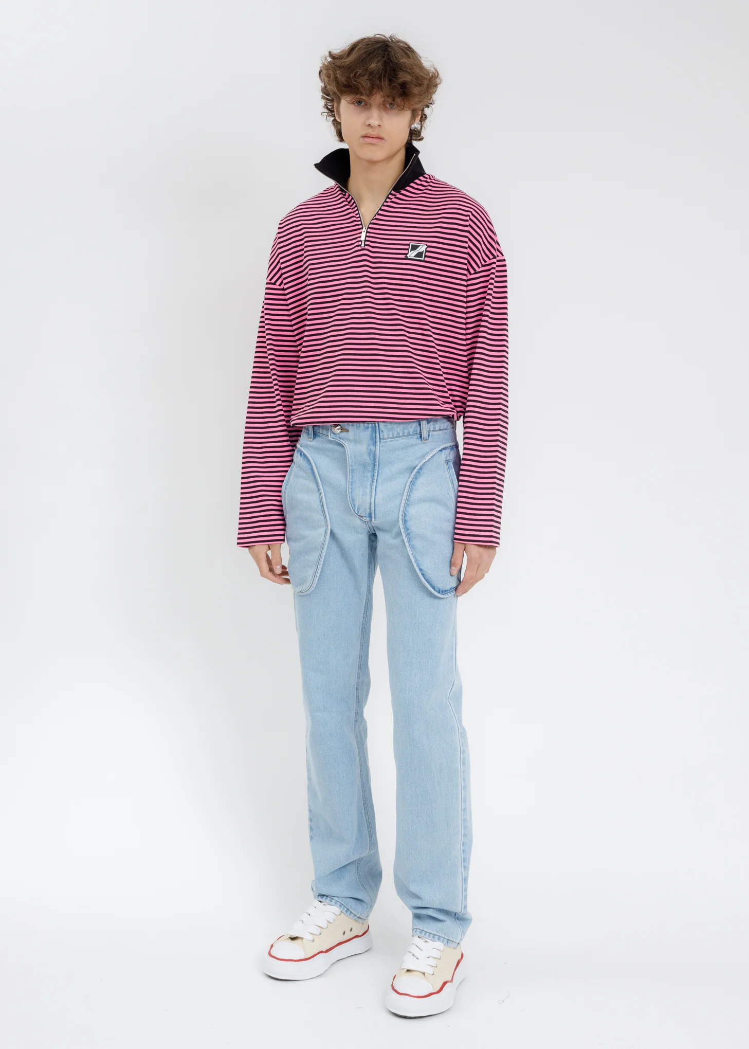 Neon Pink Logo Print Striped Zip-Up Long Sleeves - Image 6