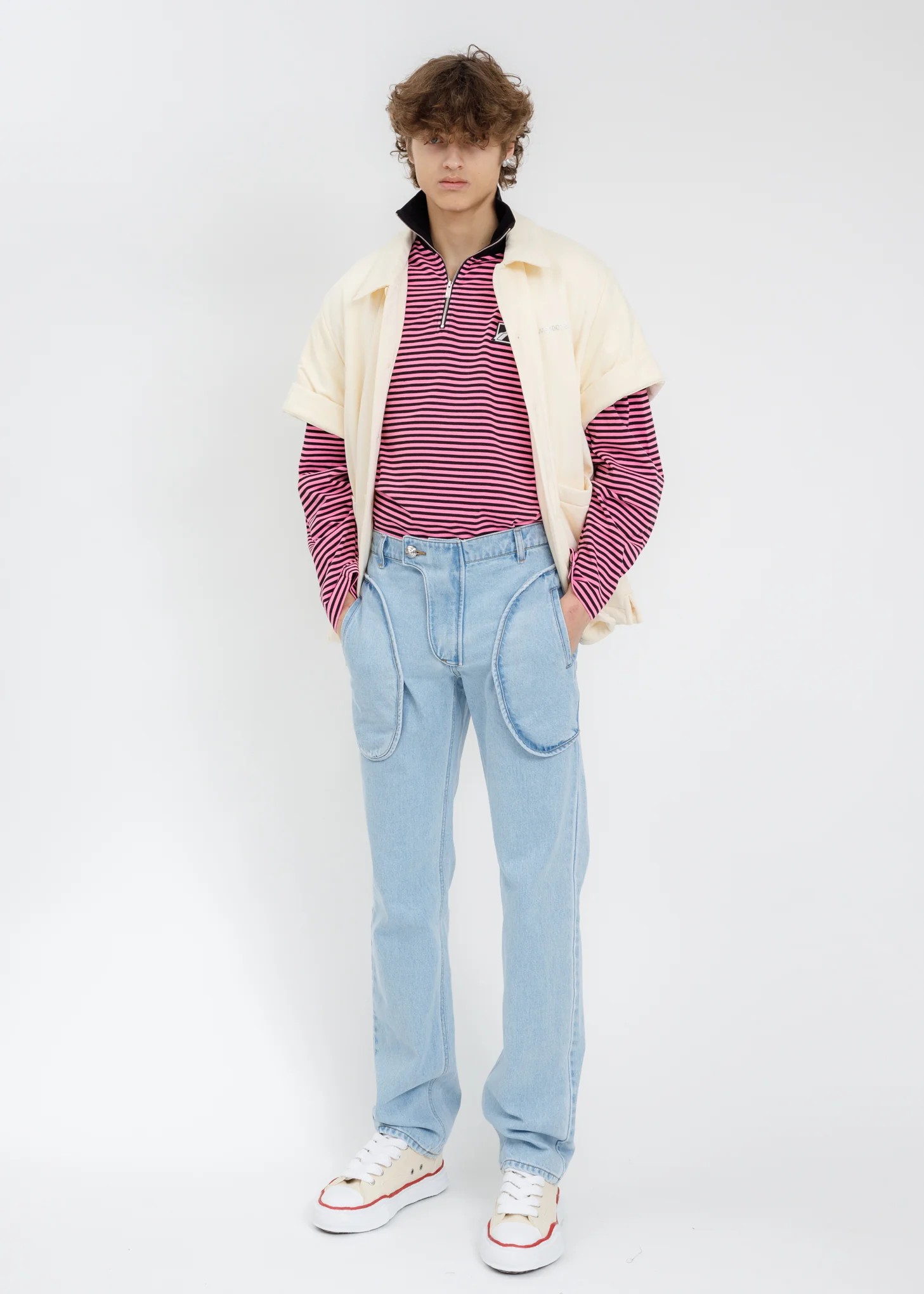 Neon Pink Logo Print Striped Zip-Up Long Sleeves - Image 7