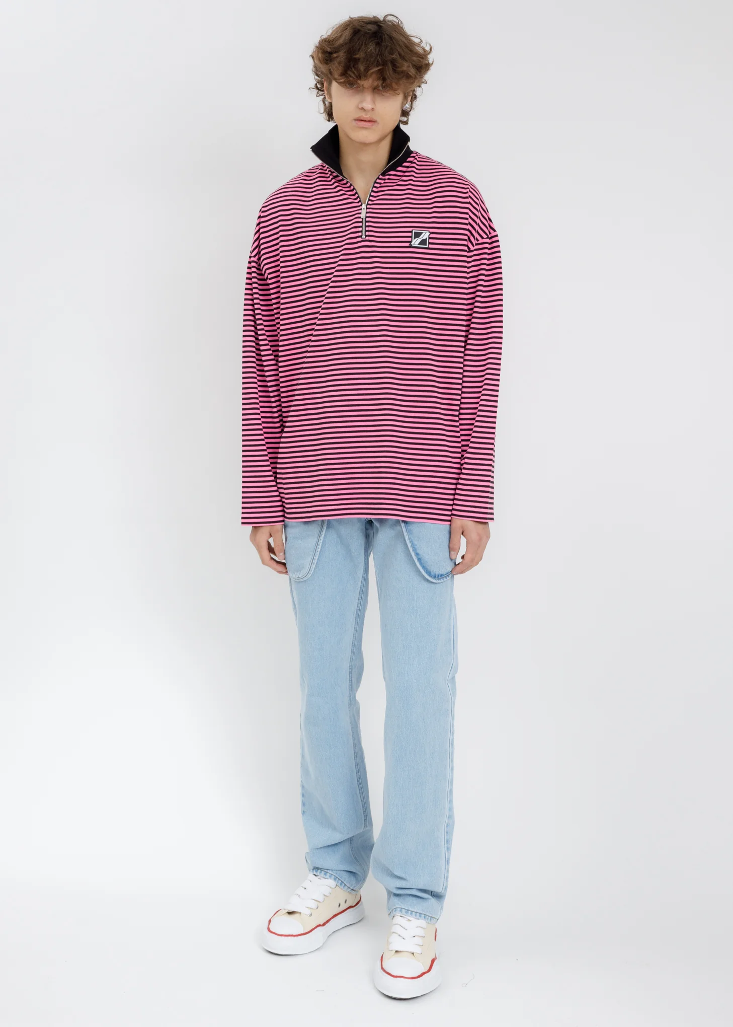 Neon Pink Logo Print Striped Zip-Up Long Sleeves - Image 8