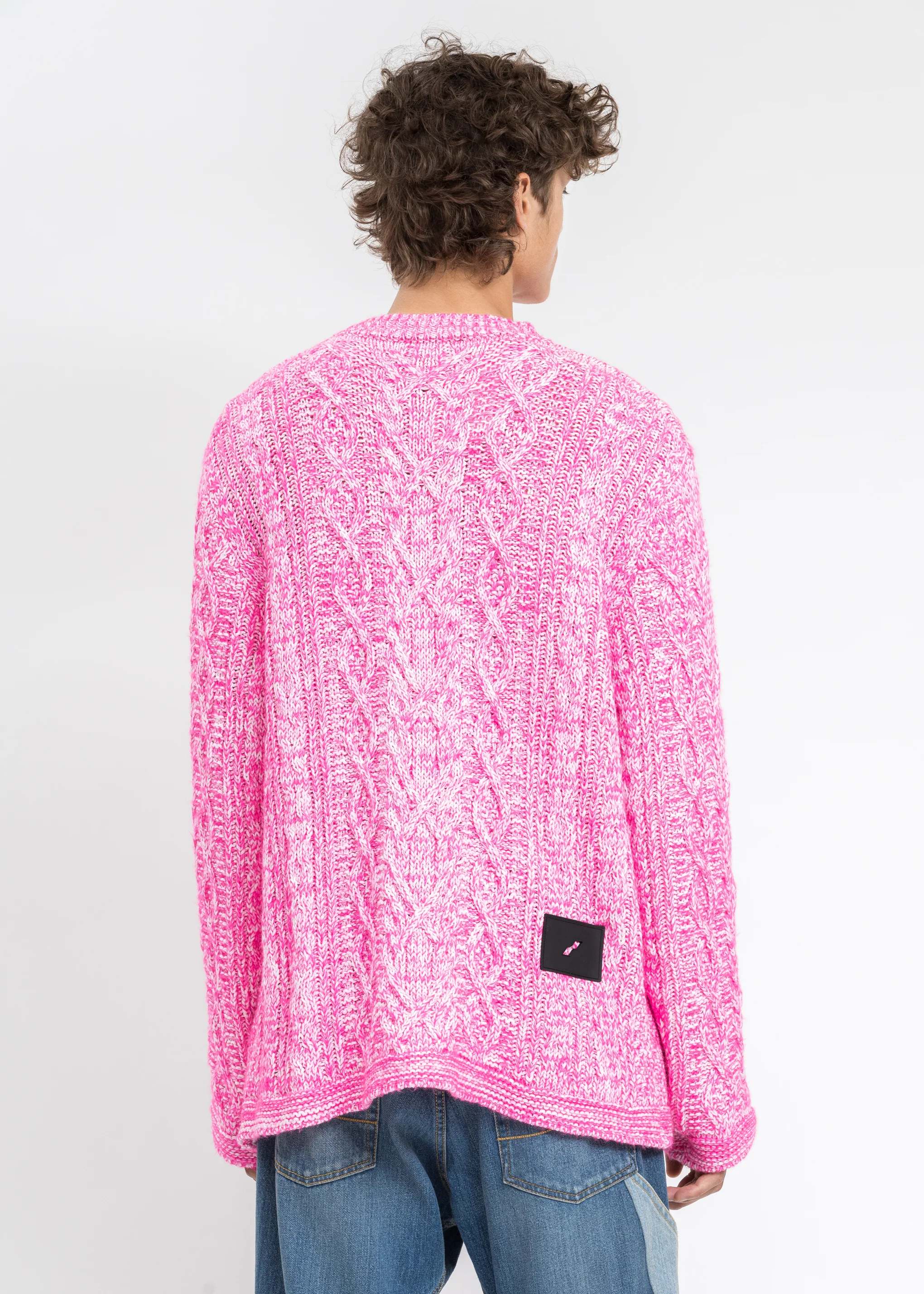 Neon Pink Round Neck Front Logo Cable Pullover - Image 2