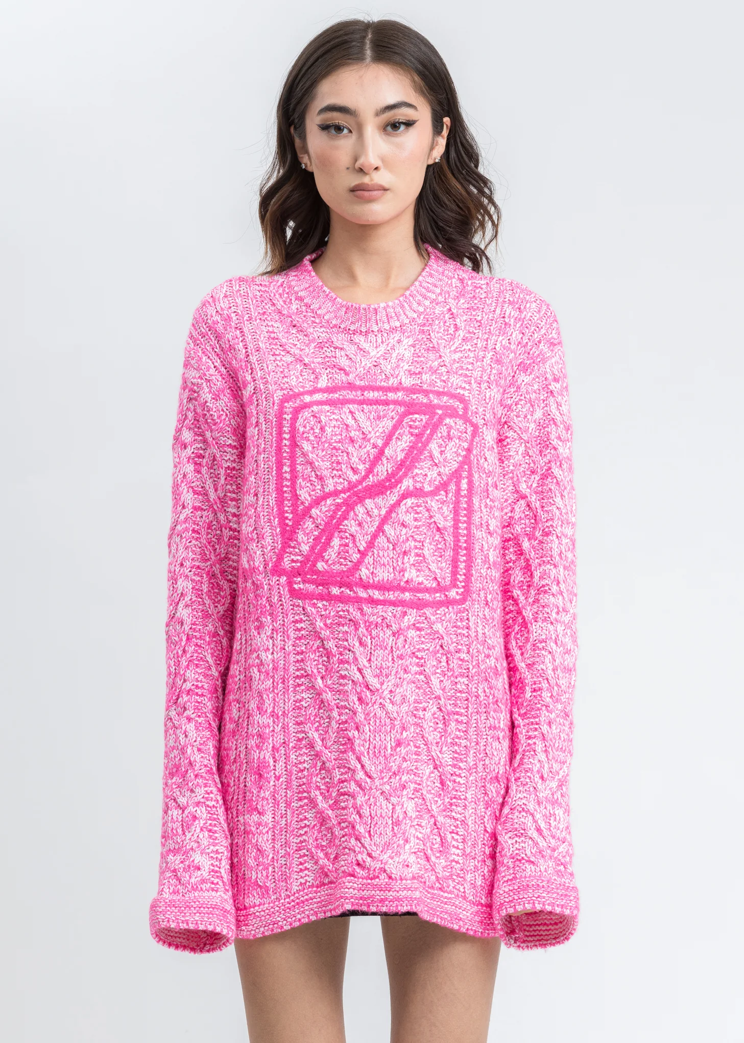 Neon Pink Round Neck Front Logo Cable Pullover