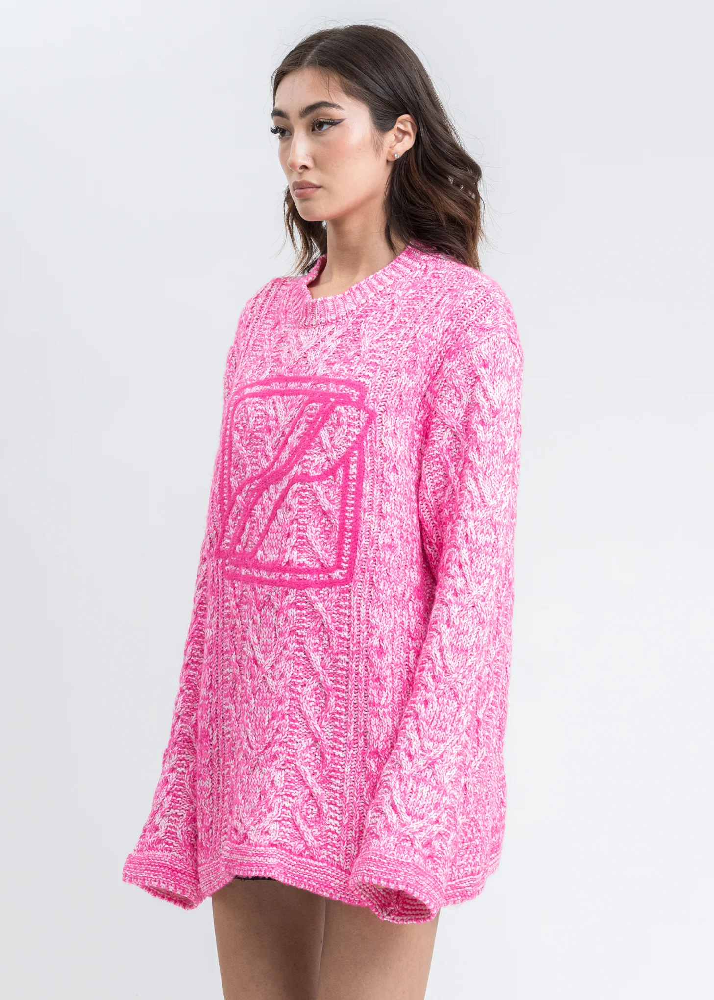 Neon Pink Round Neck Front Logo Cable Pullover - Image 3