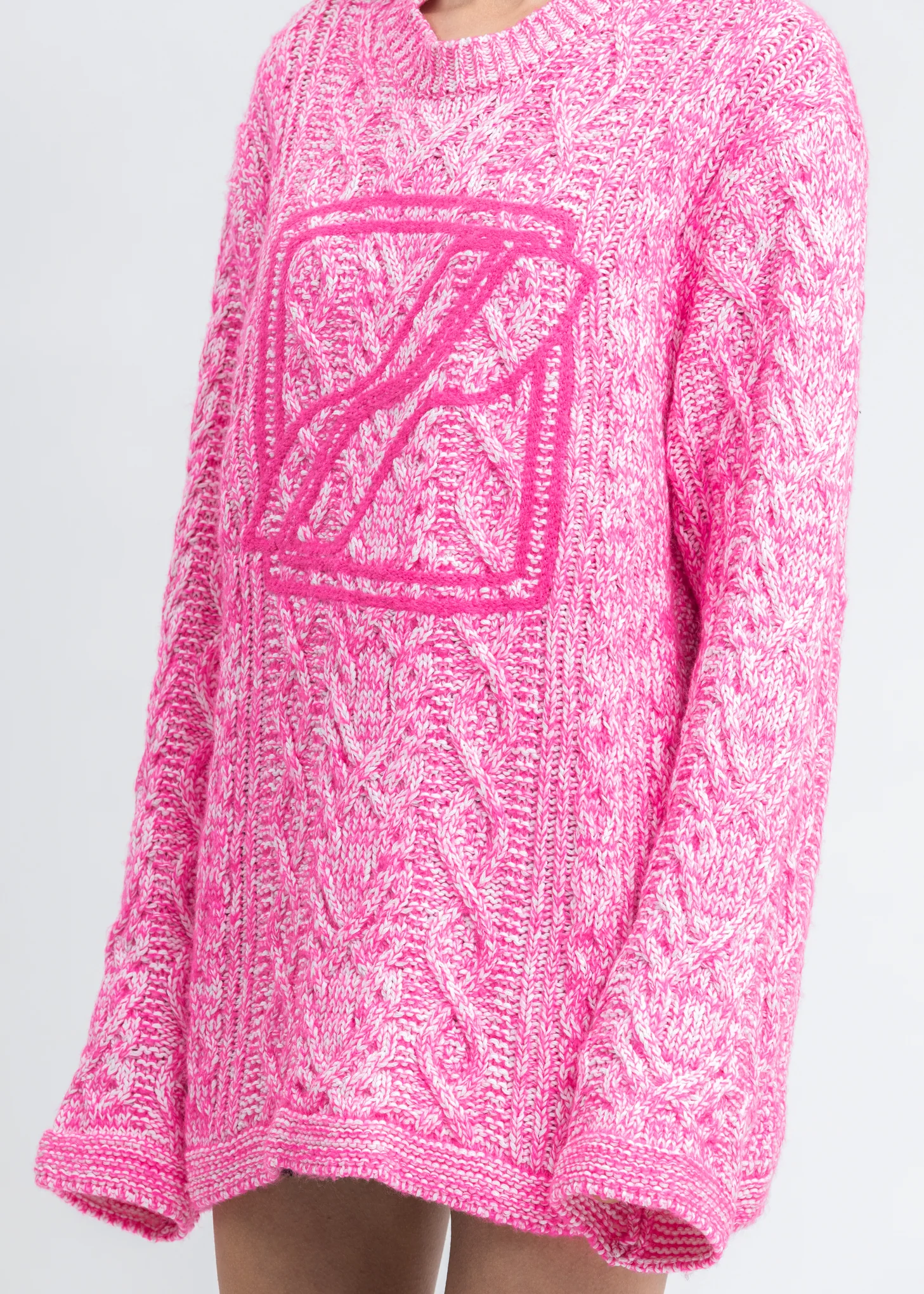 Neon Pink Round Neck Front Logo Cable Pullover - Image 4