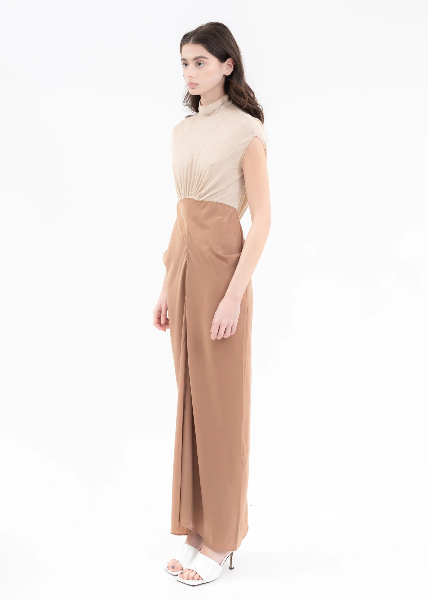 Nude And Brown Patchwork Turtleneck Dress - Image 3